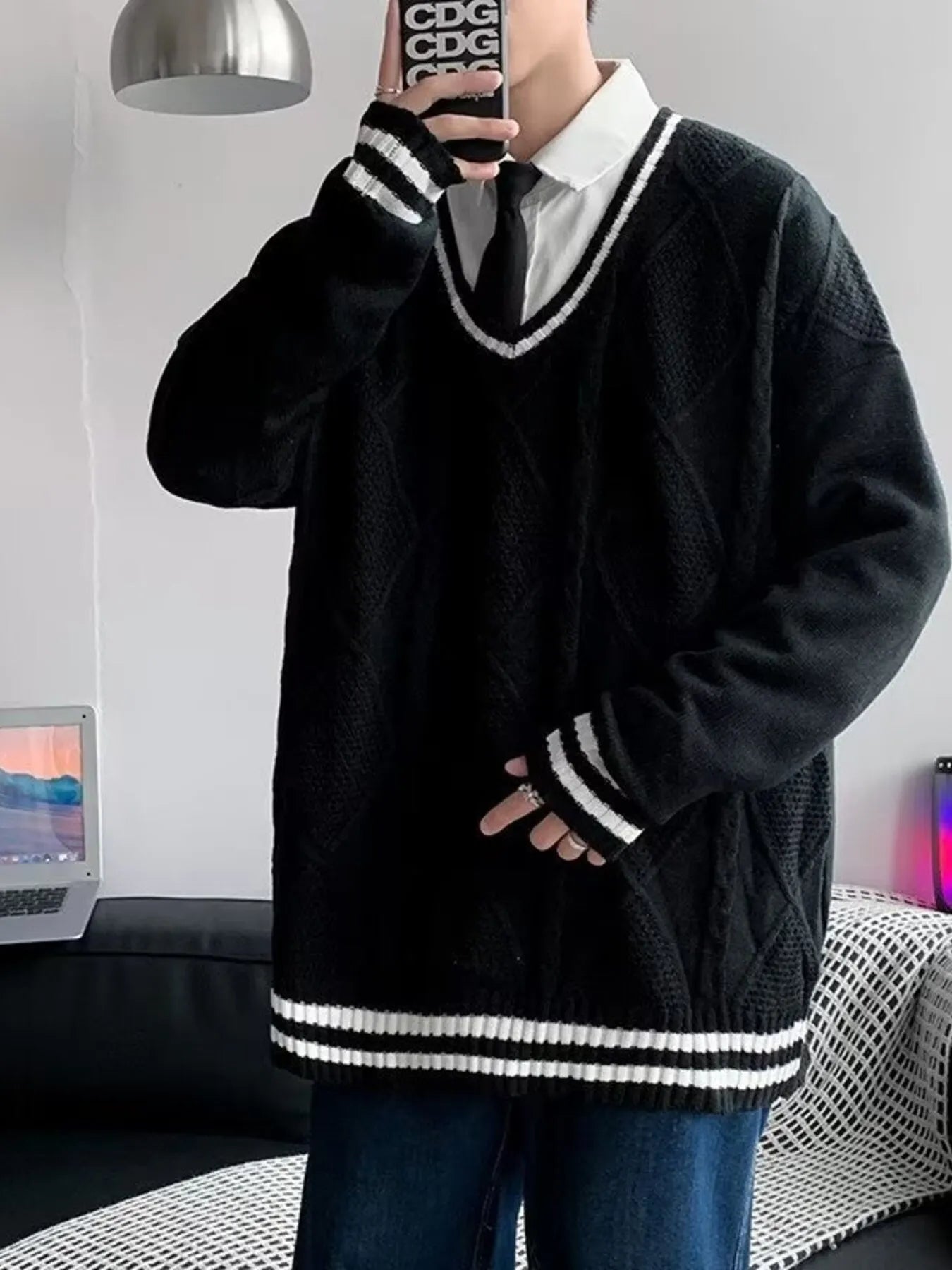 Men's Plus Size V-Neck Striped Trim Knitted Pullover