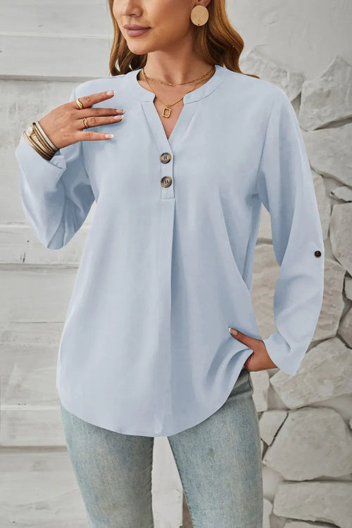 Decorative Button Notched Long Sleeve Blouse - Southern Shores Clothing