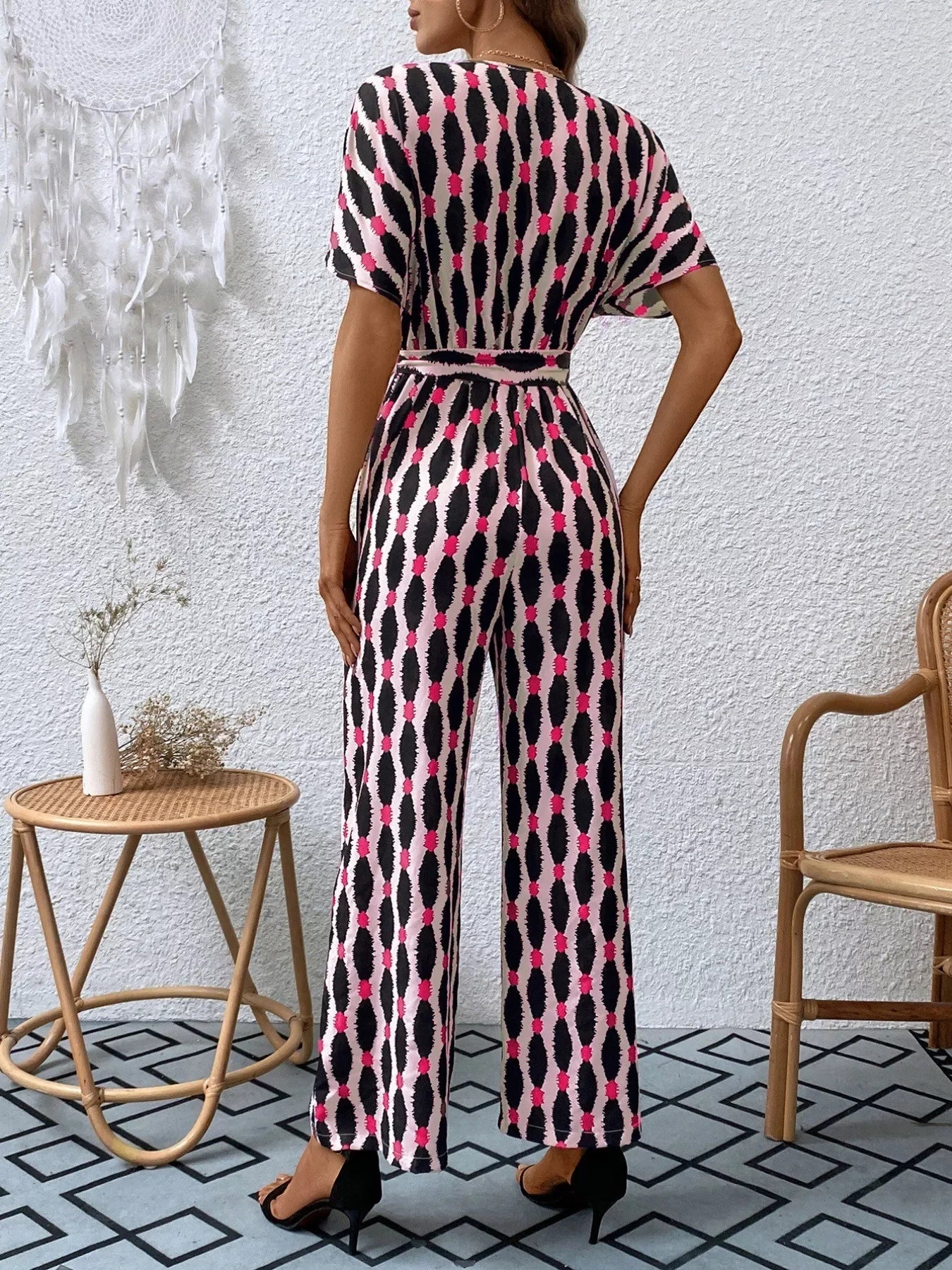 Printed Surplice Tie Waist Short Sleeve Jumpsuit - Southern Shores Clothing
