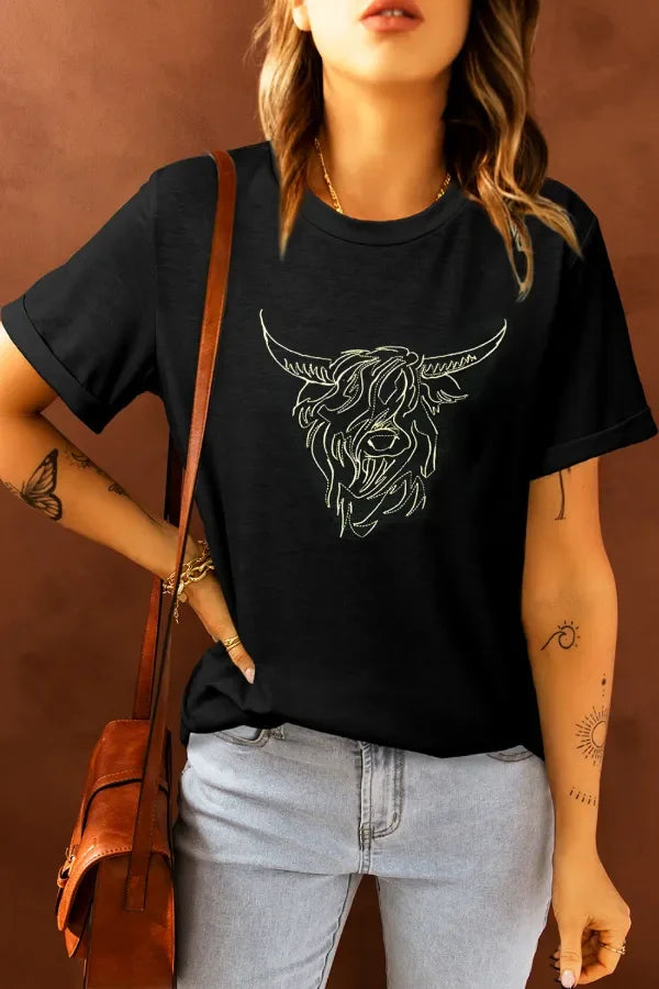 Bull Head Embroidered Round Neck Tee With Stretch - Southern Shores Clothing