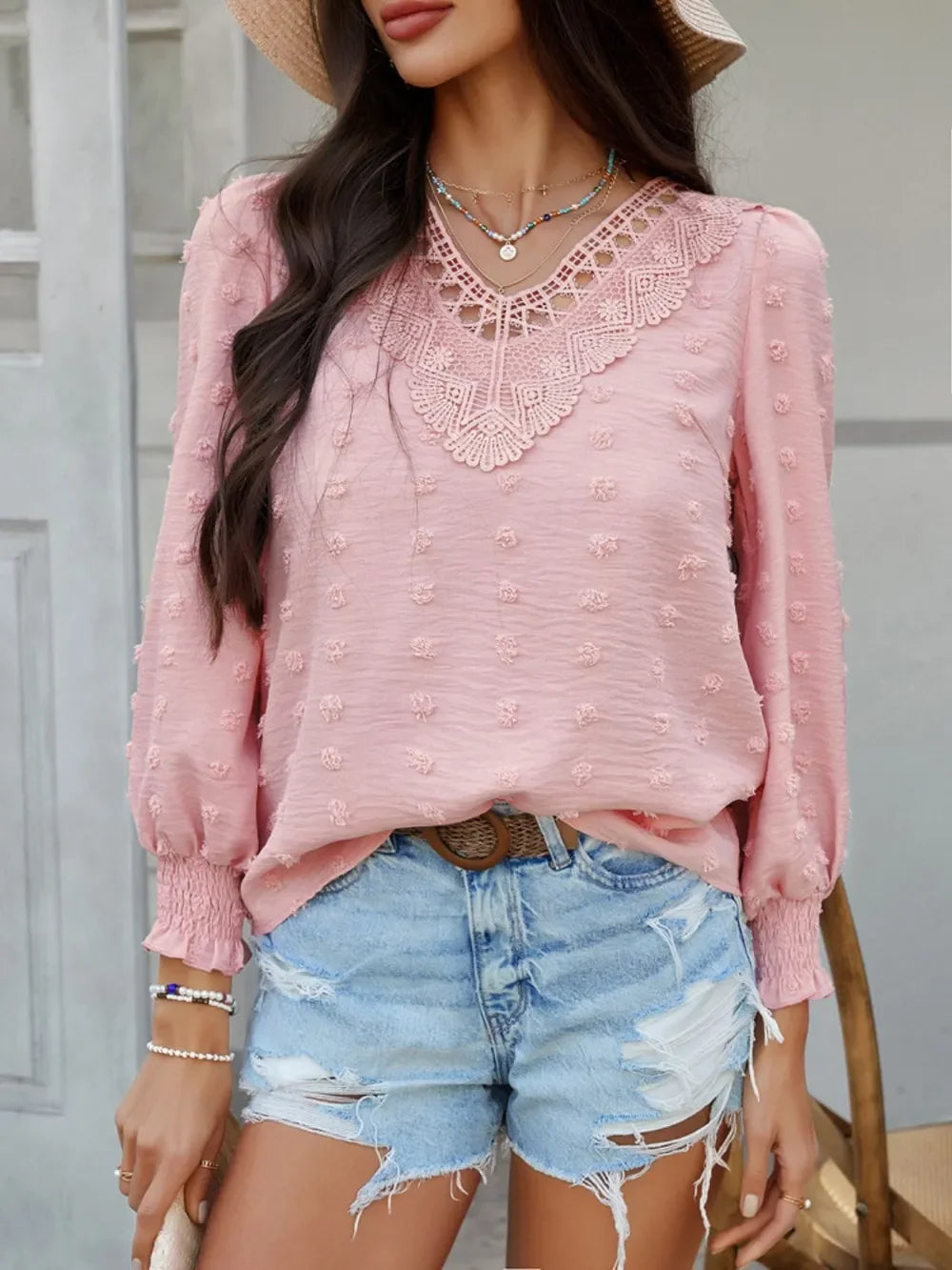 Swiss Dot Lace Detail V-Neck Long Sleeve Blouse - Southern Shores Clothing