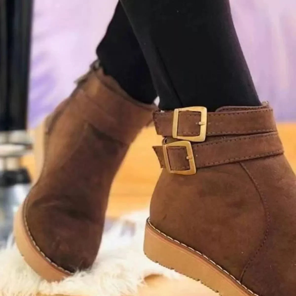 Buckle Accent Suede Ankle Boots With Rubber Sole - Southern Shores Clothing
