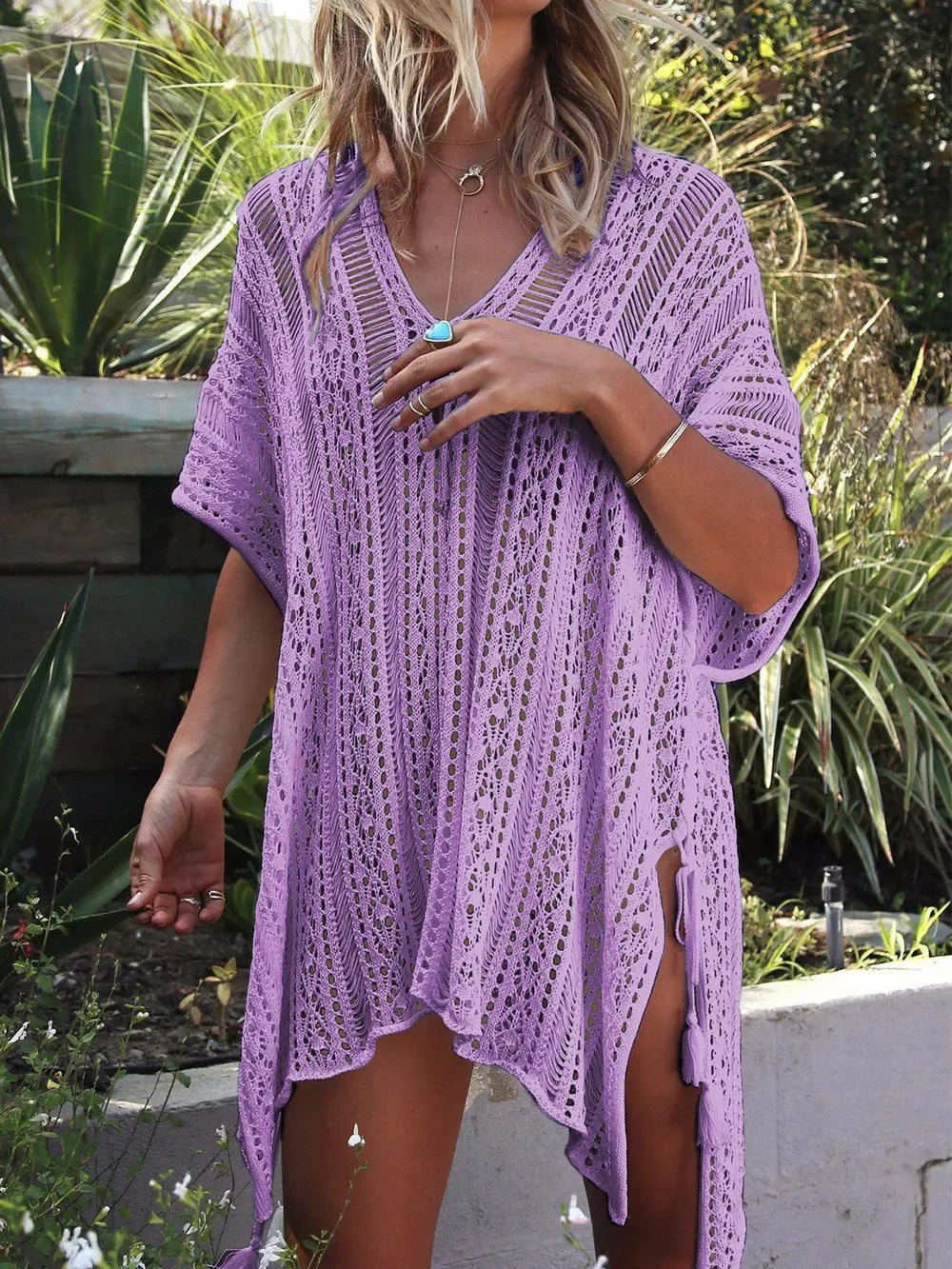 Angel Wings Cutout V-Neck Cover-Up With Tassel - Southern Shores Clothing