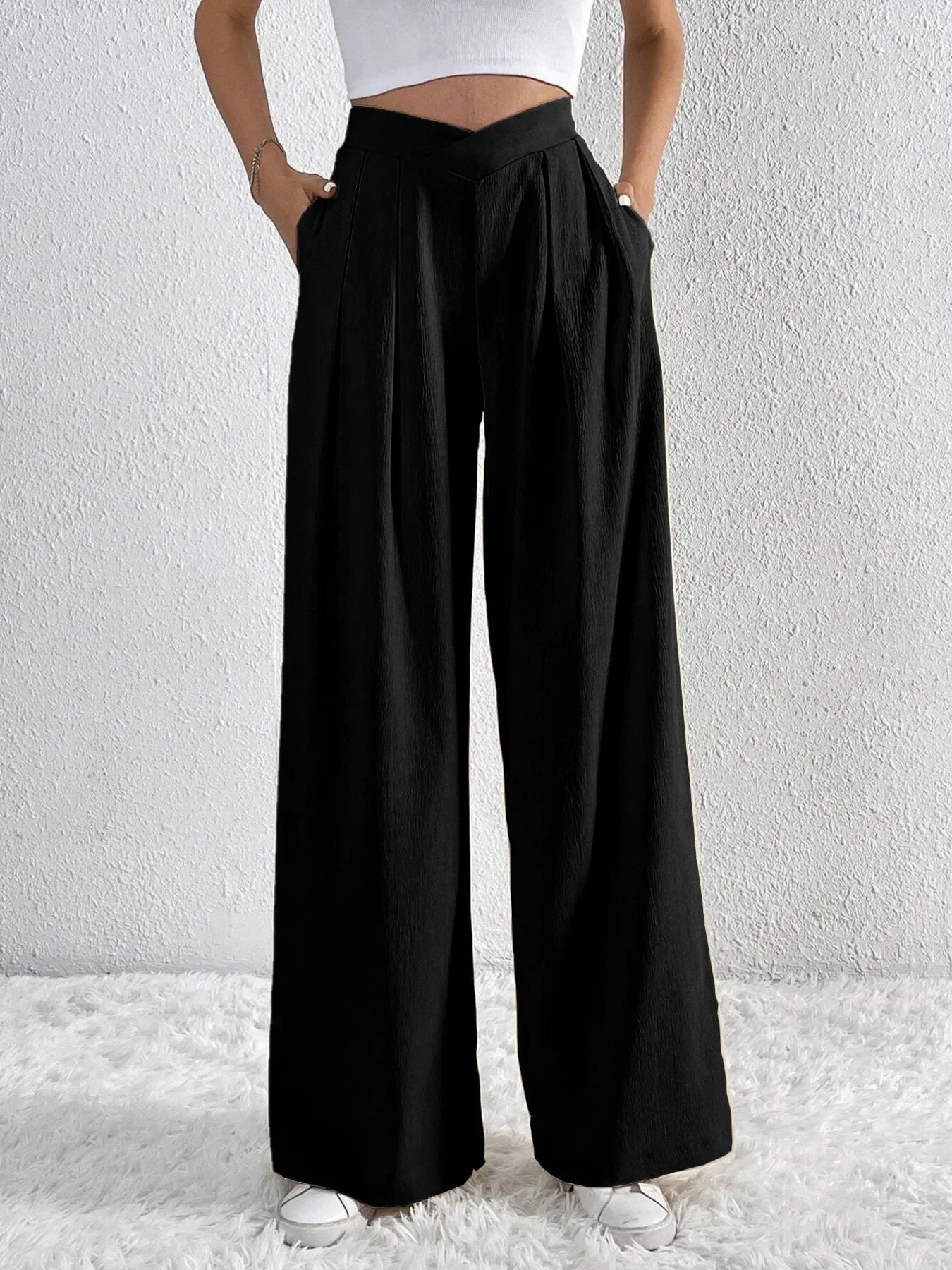 V-Waisted Ruched Front Flowing Wide Leg Pants Casual Wear - Southern Shores Clothing