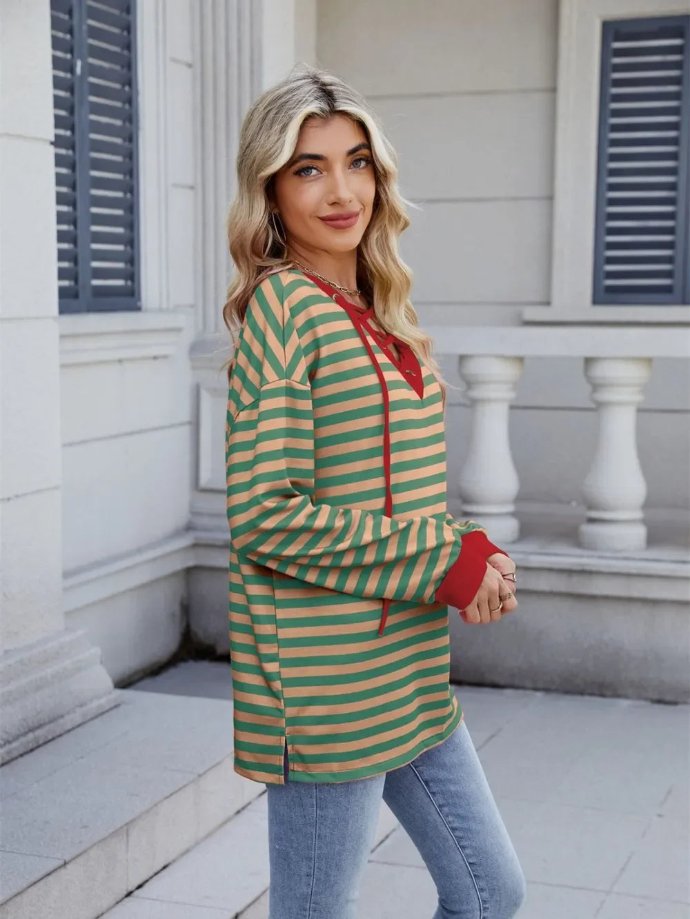 Lace-Up Striped Long Sleeve T-Shirt - Southern Shores Clothing