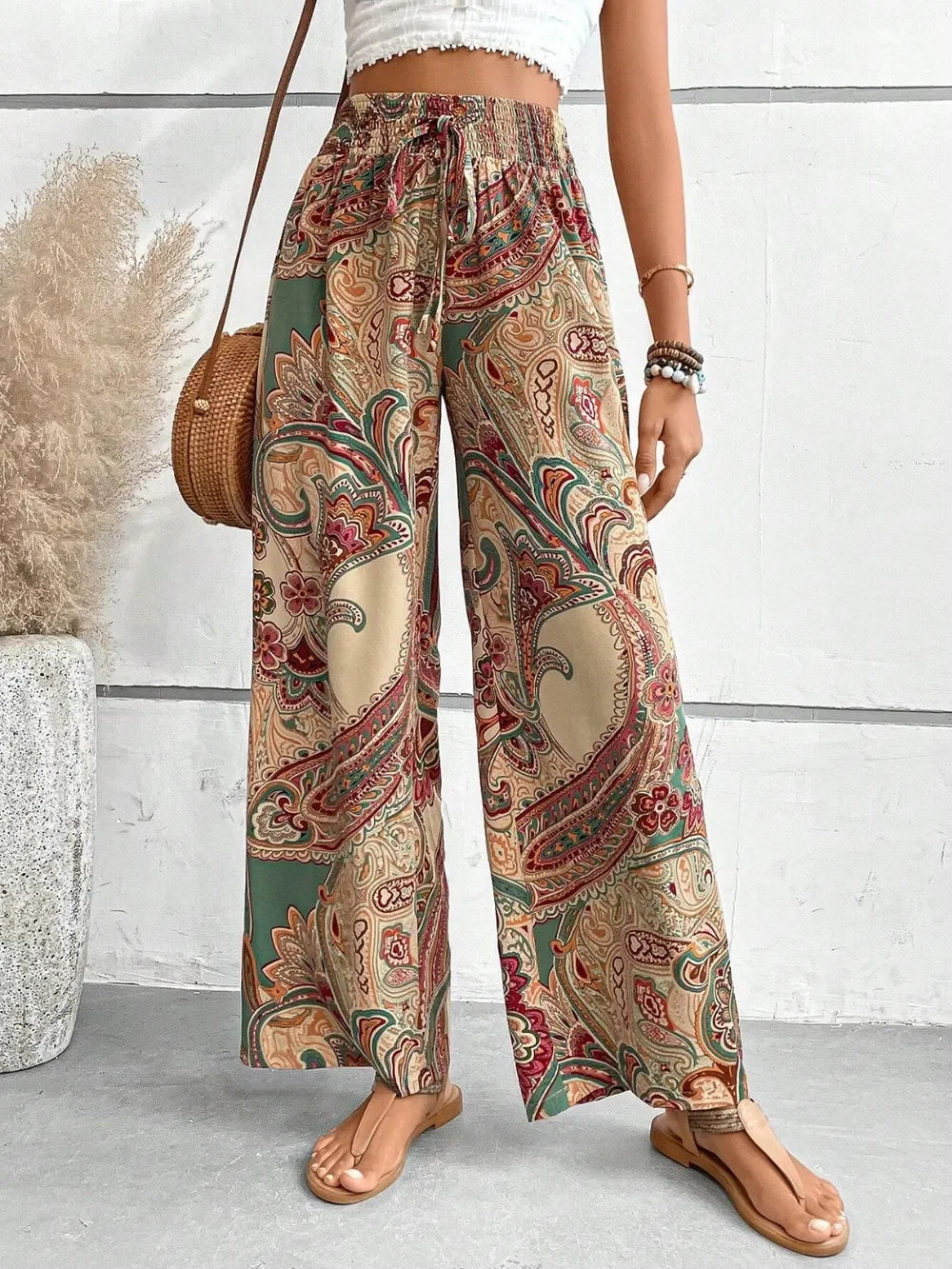 Printed Wide Leg Pants With Paisley Print Drawstring Waist - Southern Shores Clothing