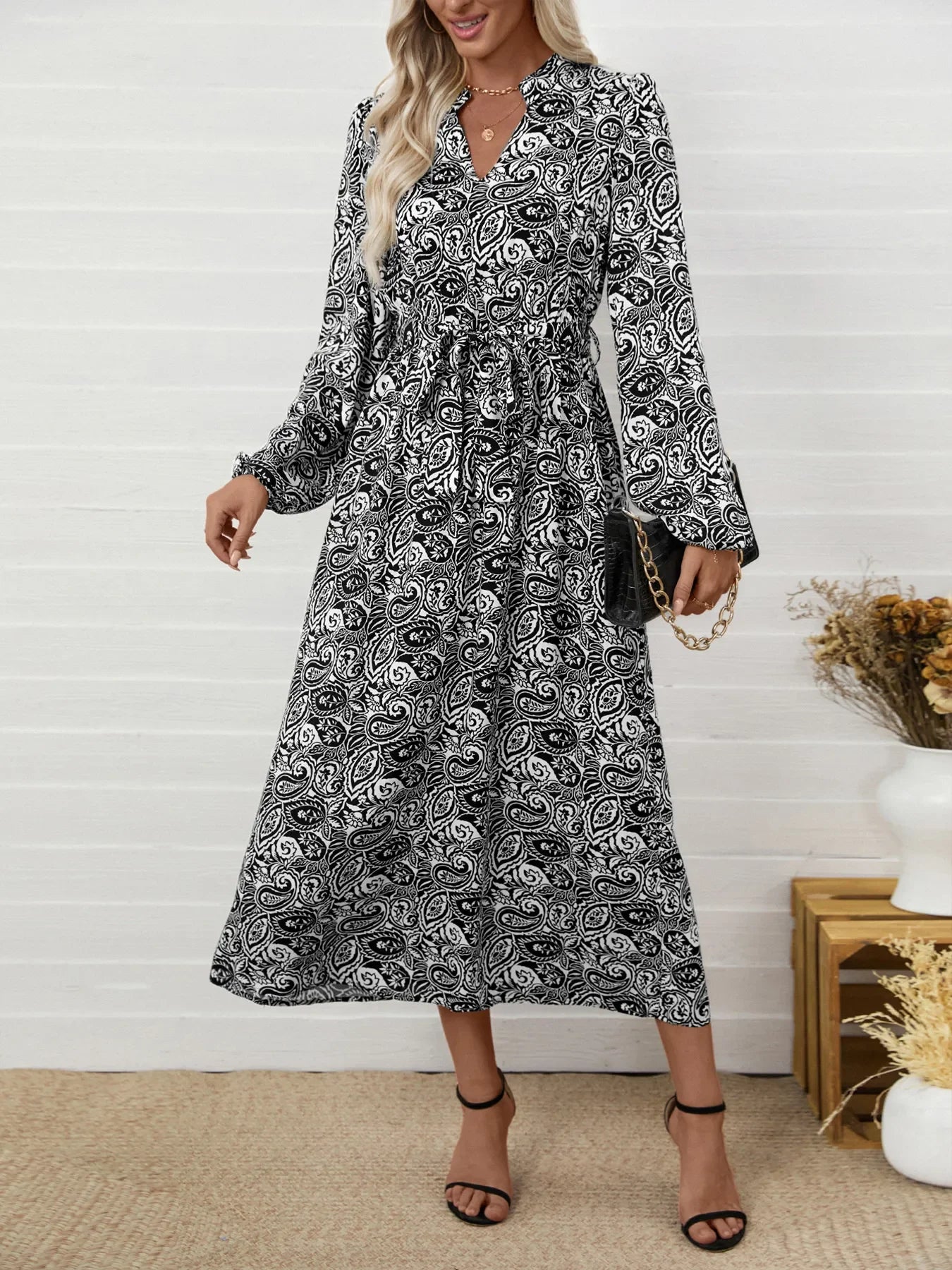 Paisley Print Long Sleeve Midi Dress With Tie Waist Boho - Southern Shores Clothing