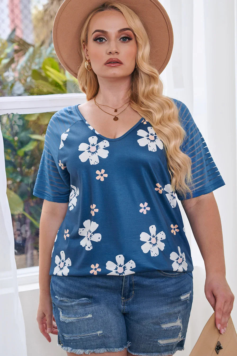 Plus Size V-Neck Raglan Sleeve Floral Tee - Southern Shores Clothing