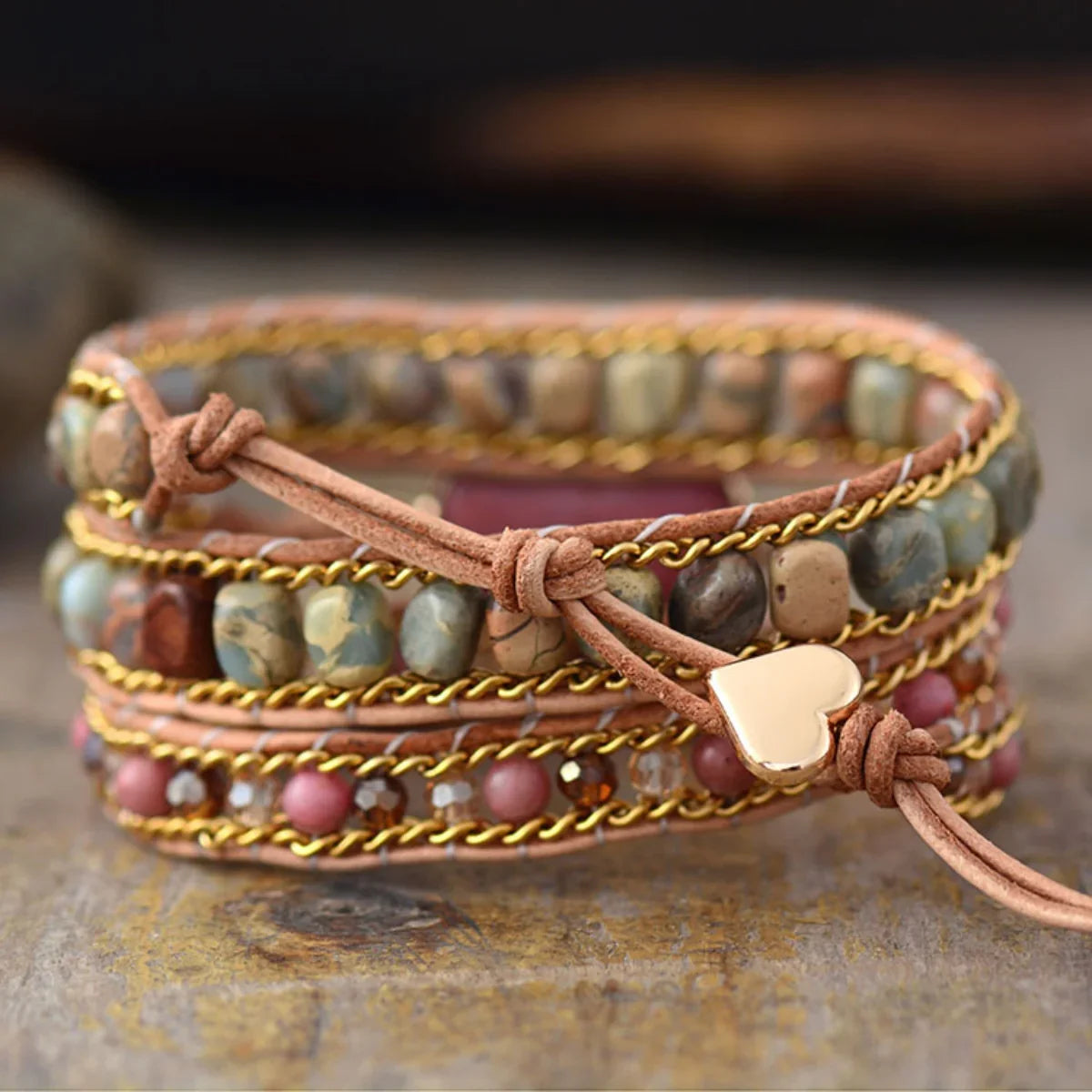 Natural Stone Crystal Bead Bracelet With Pink Heart Charm - Southern Shores Clothing