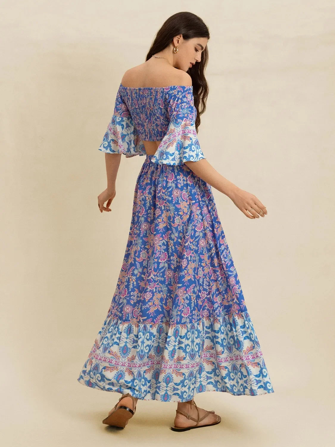 Smocked Off Shoulder Floral Top And Skirt Two Piece Set - Southern Shores Clothing