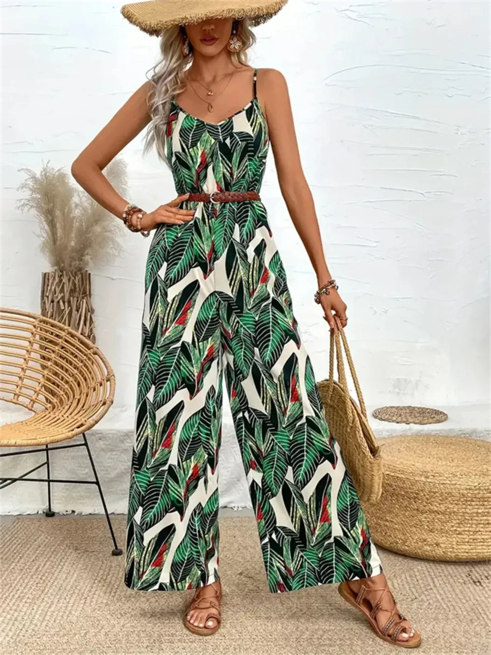 Tropical Print Spaghetti Strap Wide Leg Jumpsuit - Southern Shores Clothing