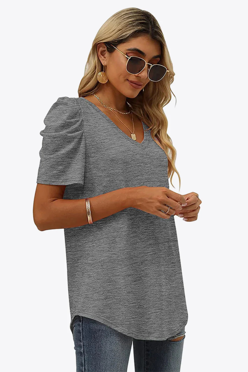 V-Neck Puff Sleeve Tee With Stretchy Fabric - Southern Shores Clothing