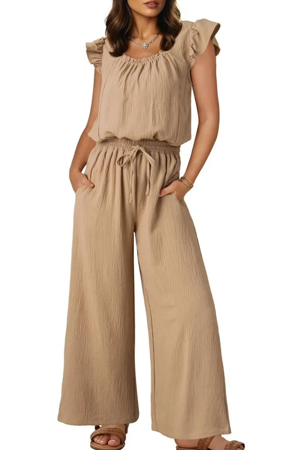 Ruffled Cap Sleeve Wide Leg Jumpsuit With Pockets - Southern Shores Clothing