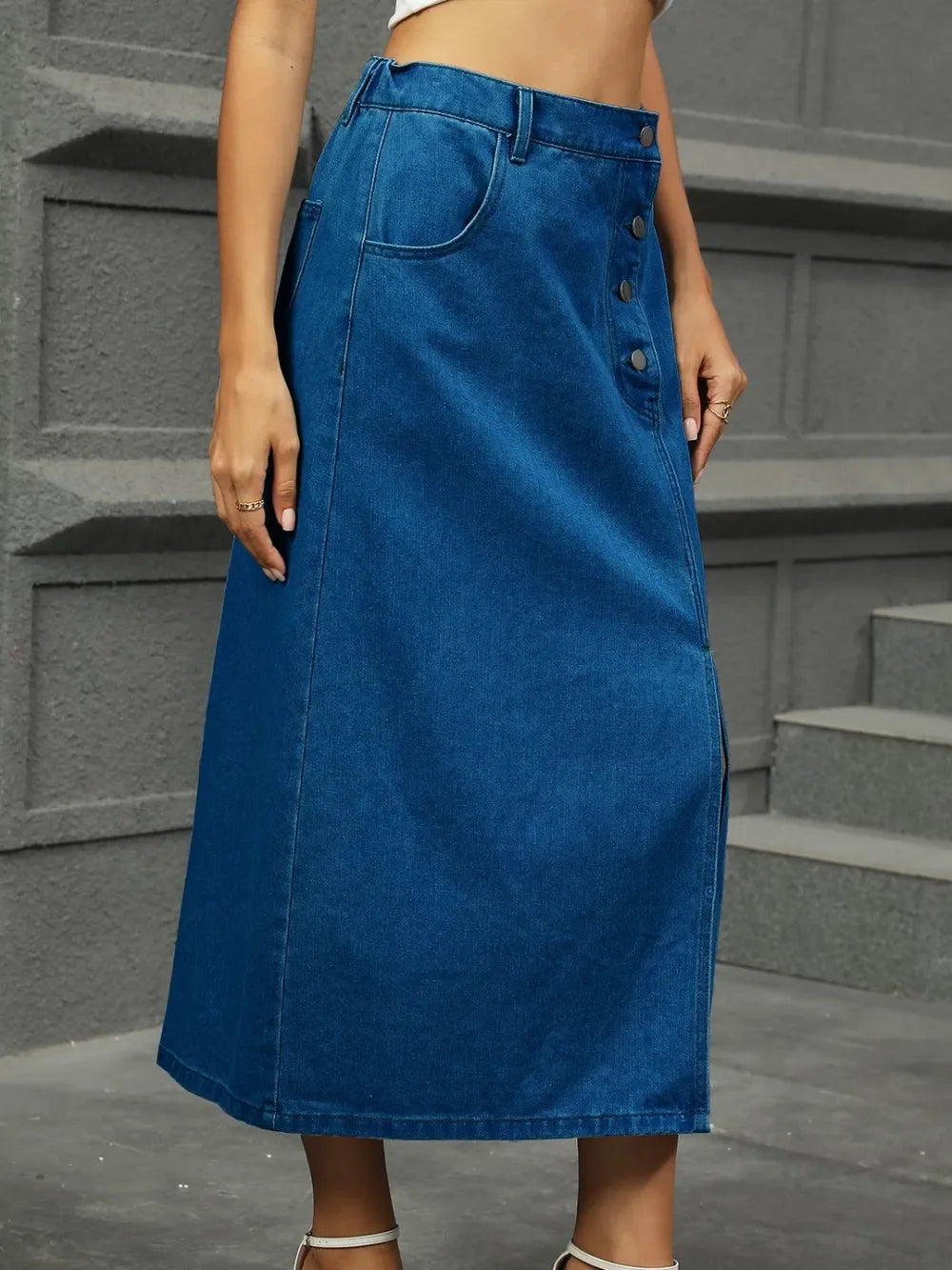 Denim Midi Skirt With Slit Button Detail - Southern Shores Clothing