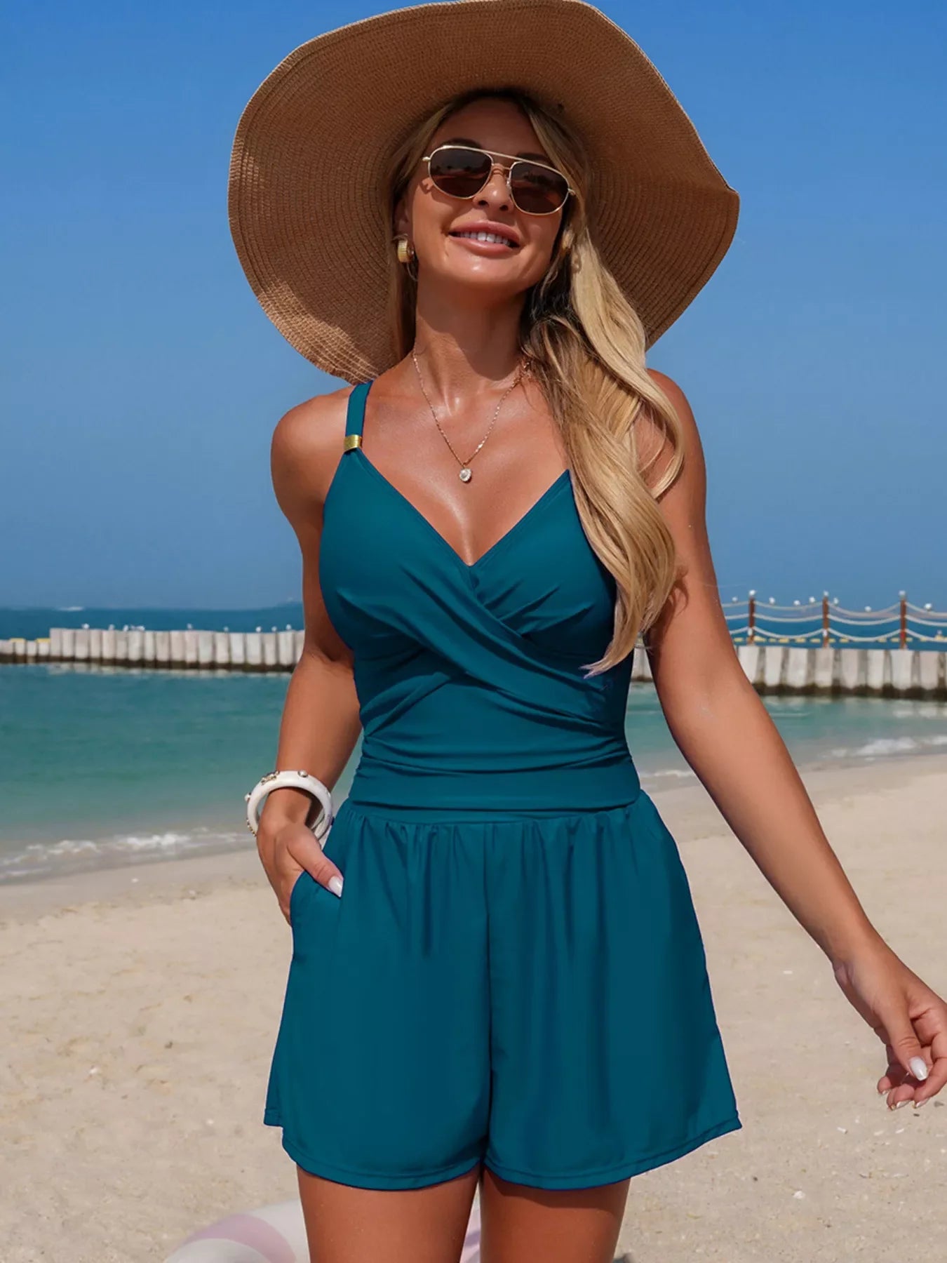V-Neck Spaghetti Strap One-Piece Swimsuit With Stretch Fabric - Southern Shores Clothing