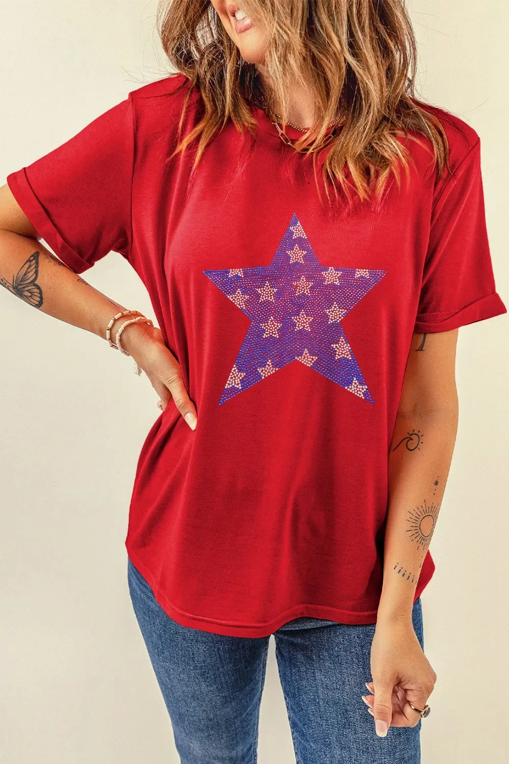 Patriotic Star Round Neck T Shirt With Rhinestones - Southern Shores Clothing
