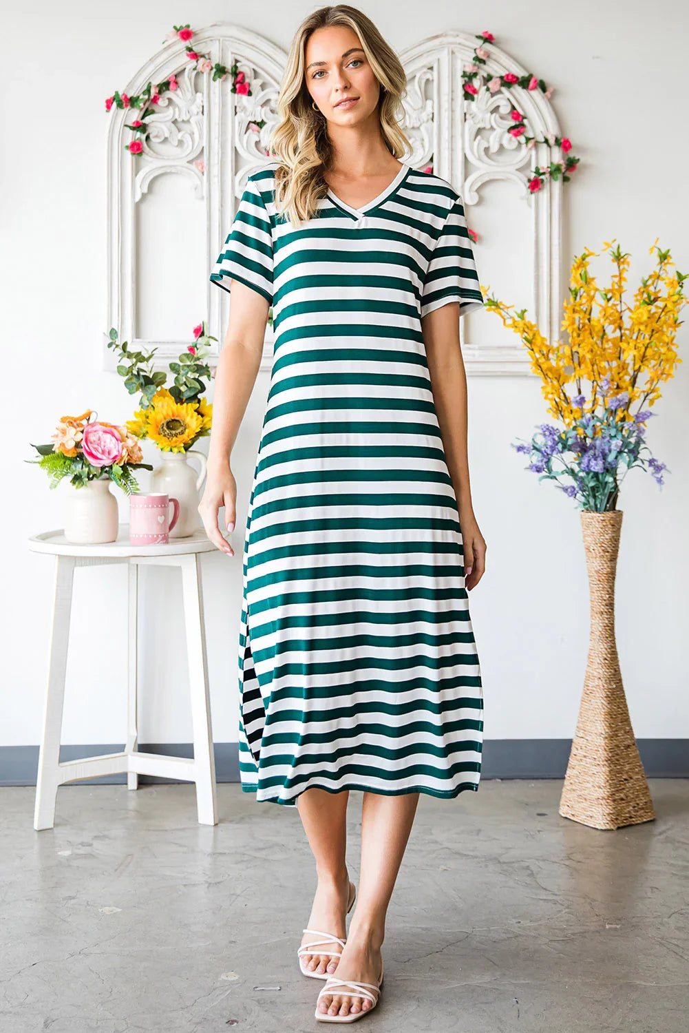 Striped V-Neck Short Sleeve Side Slit Dress - Southern Shores Clothing