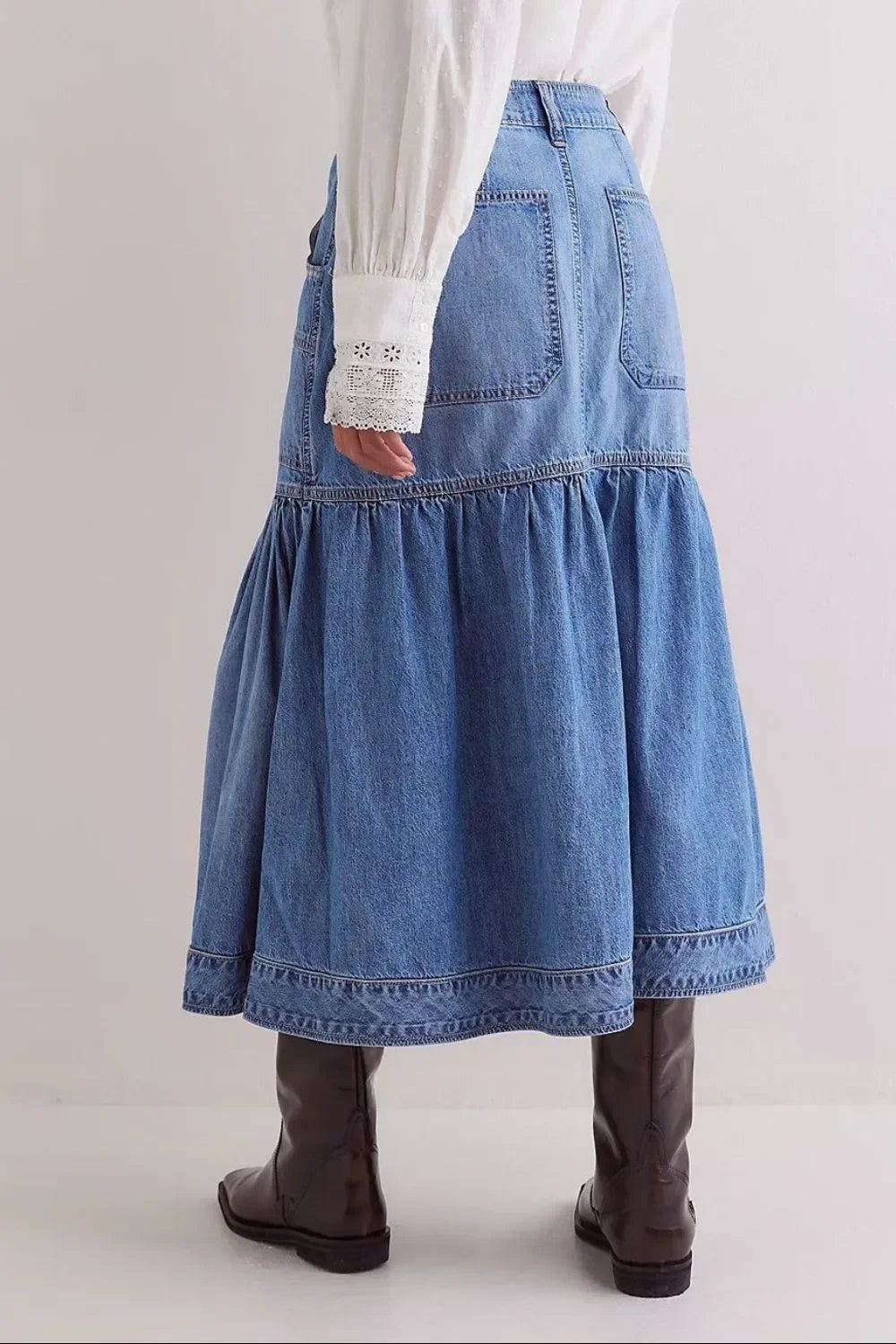 Relaxed Fit Midi Denim Skirt With Pockets - Southern Shores Clothing