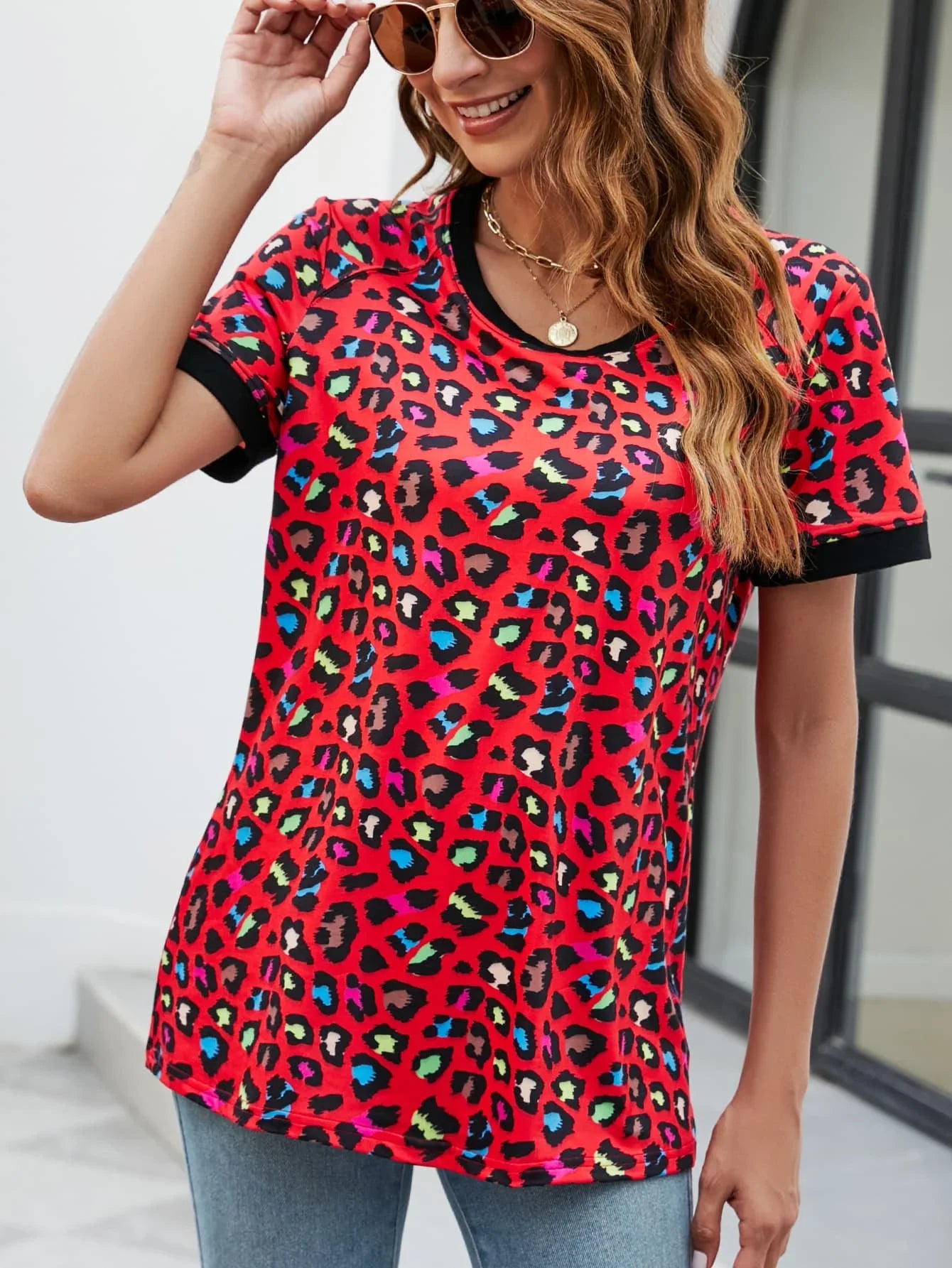 Leopard Print V-Neck Long T-Shirt With Stretchy Fabric - Southern Shores Clothing