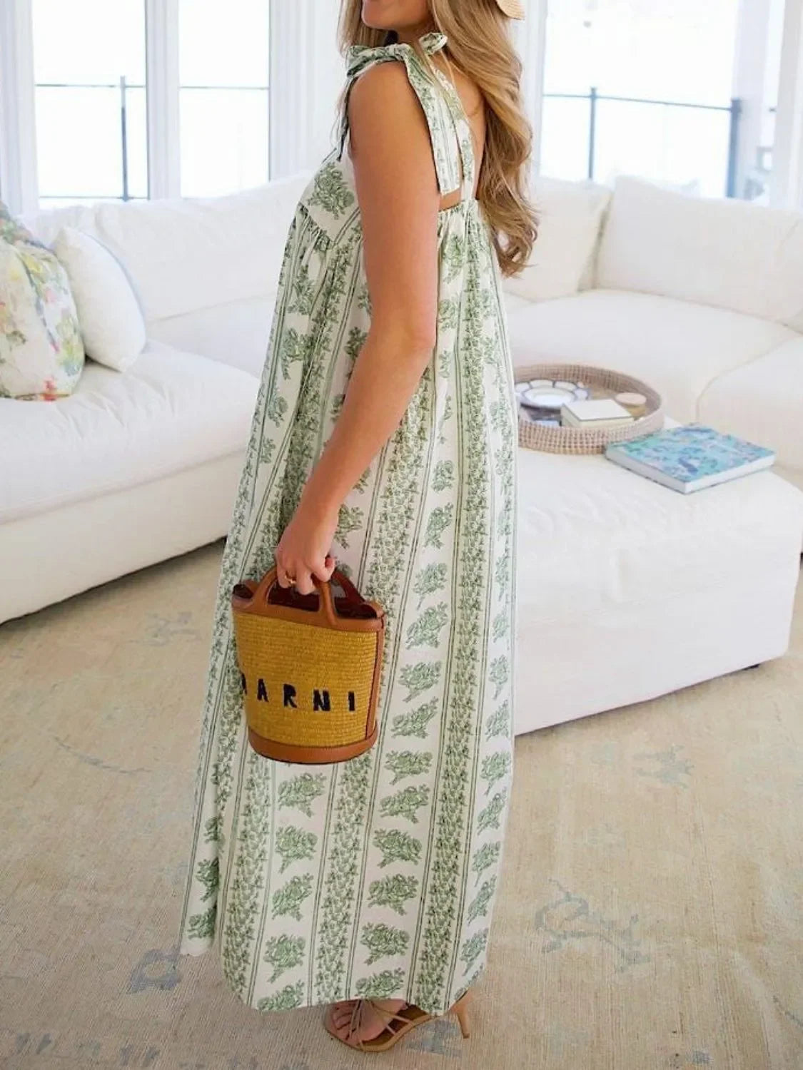 Floral Print Tie Shoulder Square Neck Midi Dress Lightweight - Southern Shores Clothing