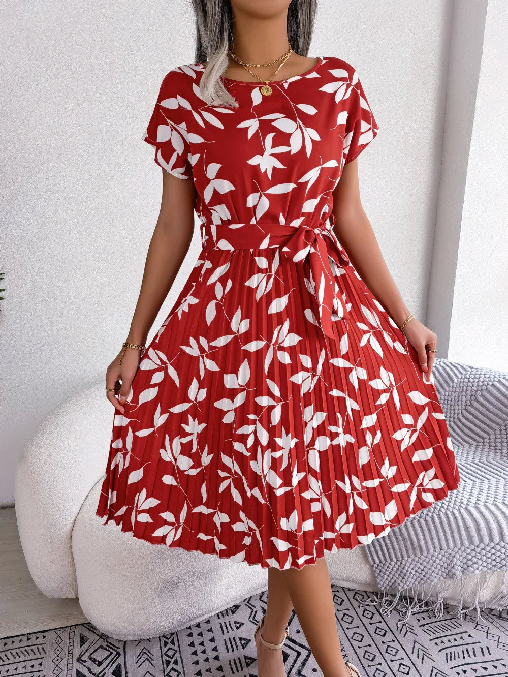 Printed Round Neck Short Sleeve Pleated Dress - Southern Shores Clothing