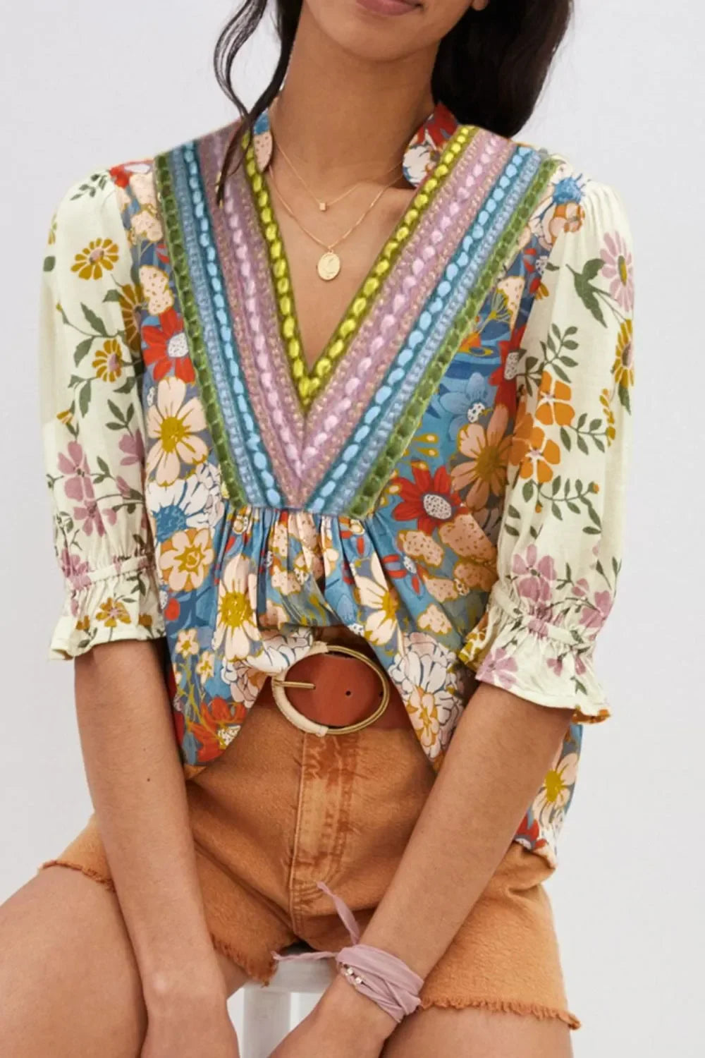 Crochet V Neck Boho Floral Blouse With Half Sleeve Casual - Southern Shores Clothing