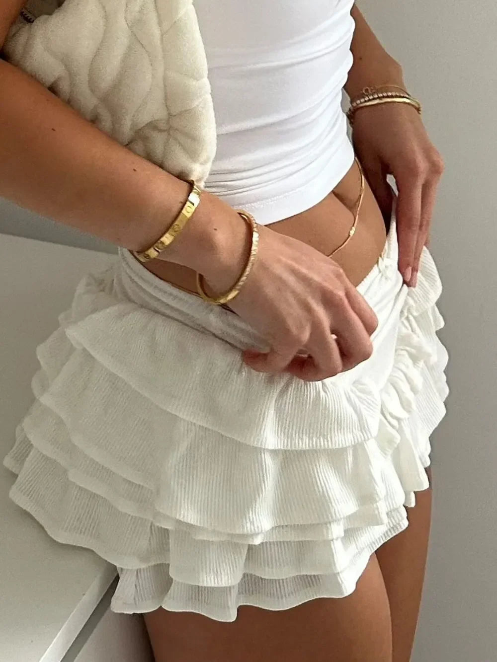 Ruched Layered Mini Skirt With Draped Design - Southern Shores Clothing