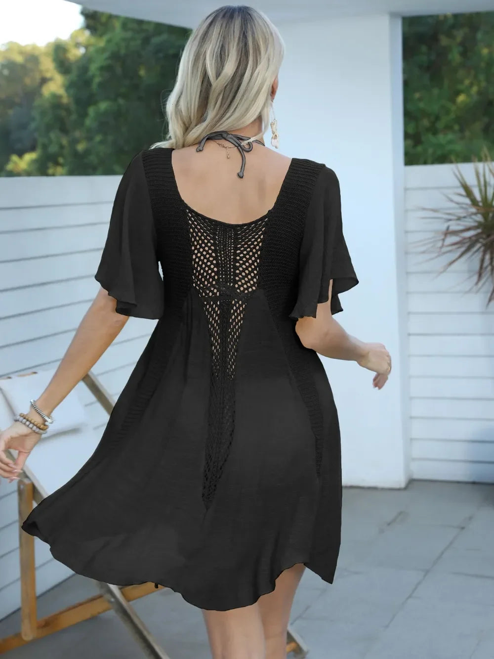 Openwork Flutter Sleeve Swim Cover Up Dress One Size
