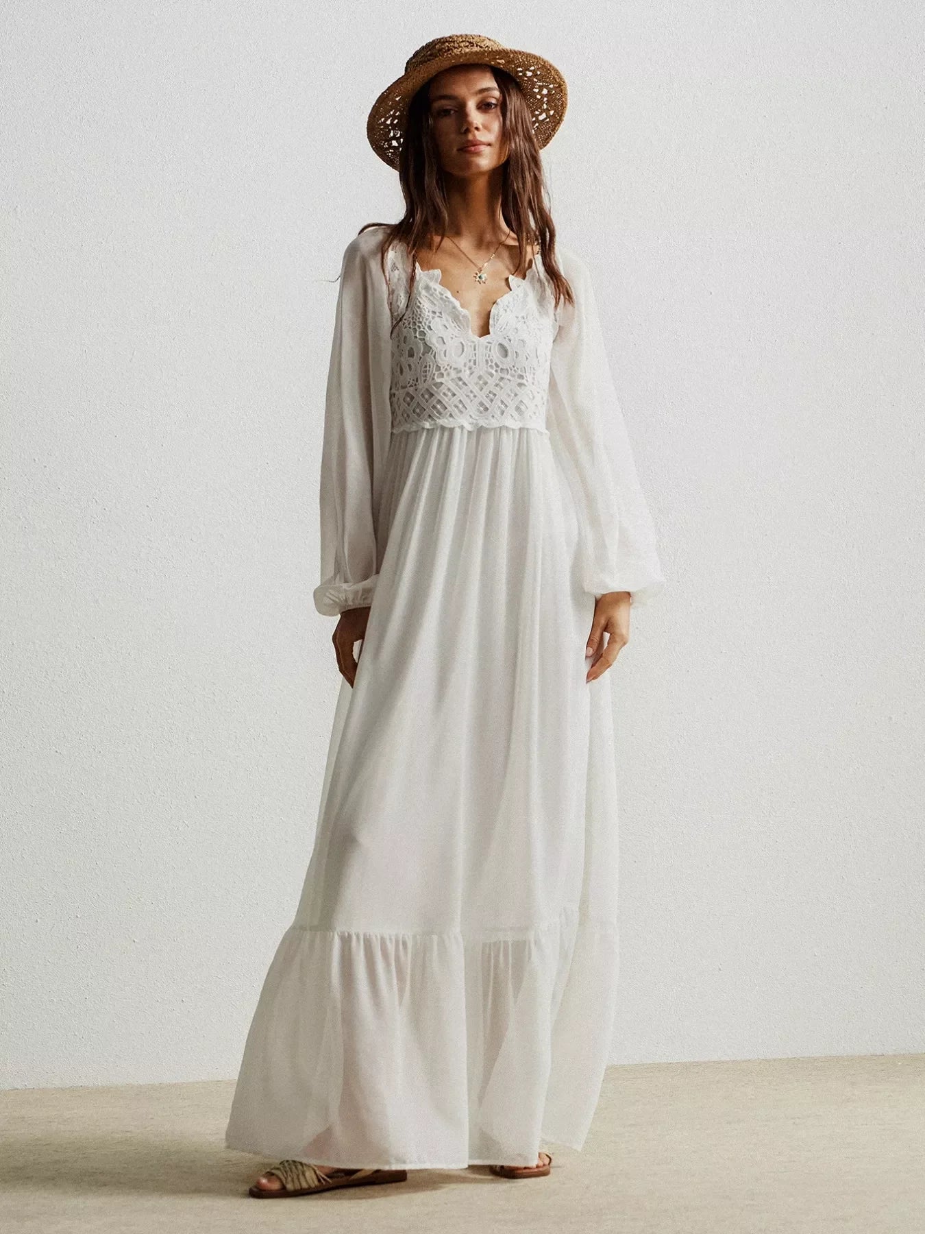 Boho Crochet Lace Maxi Dress With Smocked Bodice - Southern Shores Clothing