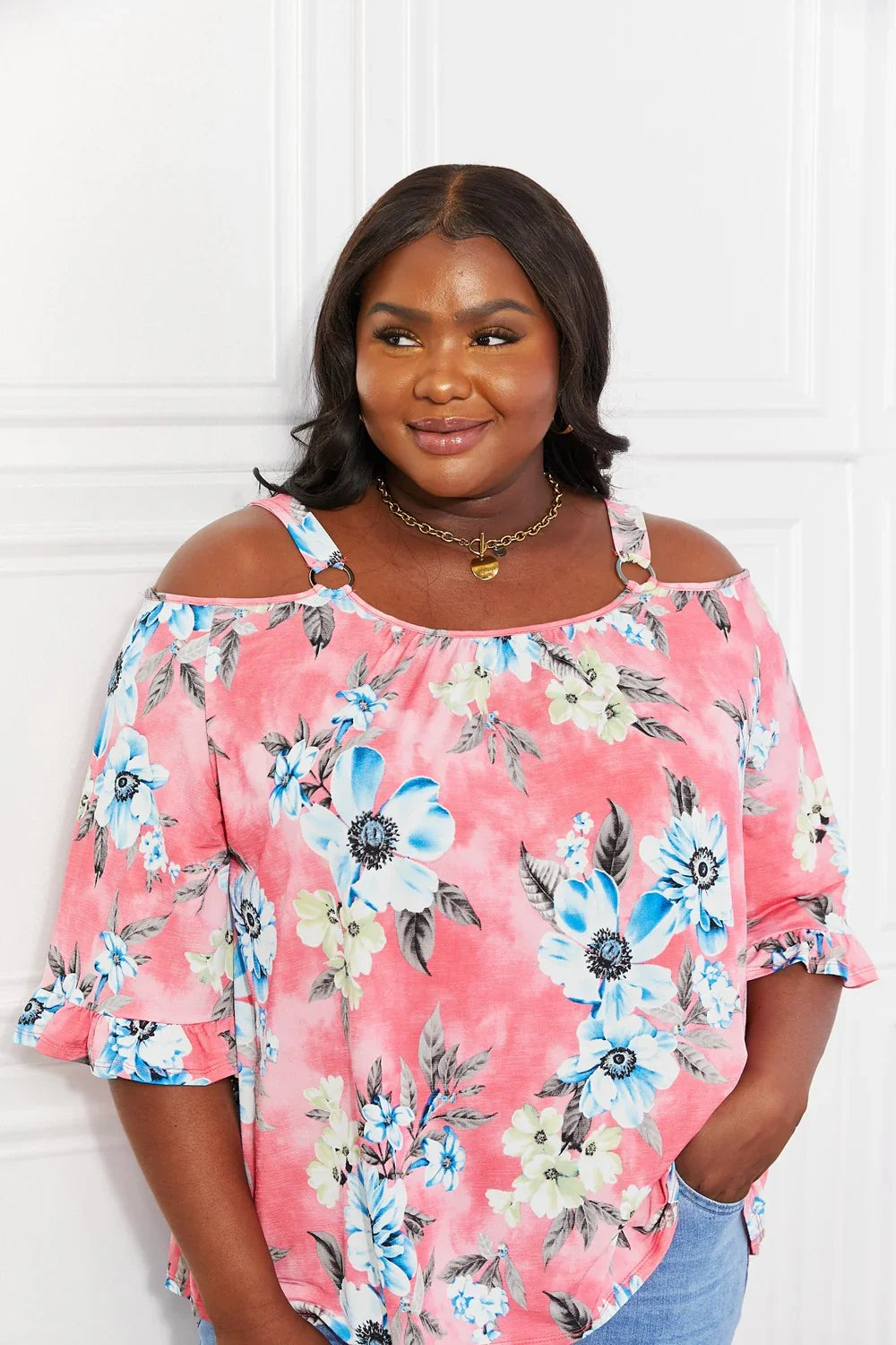 Floral Cold Shoulder Knit Top With Stretch - Southern Shores Clothing