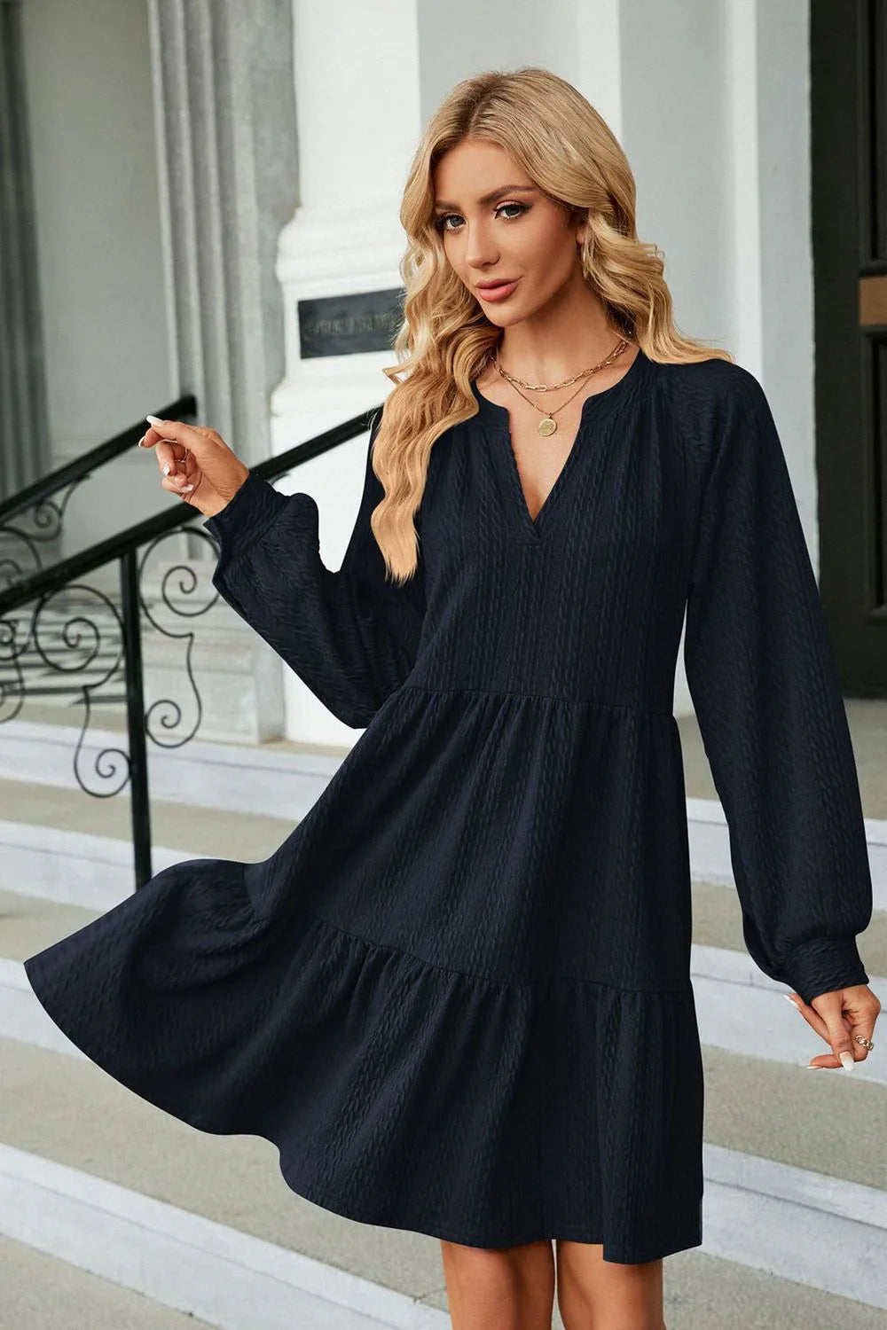 Notched Neck Long Sleeve Mini Dress - Southern Shores Clothing