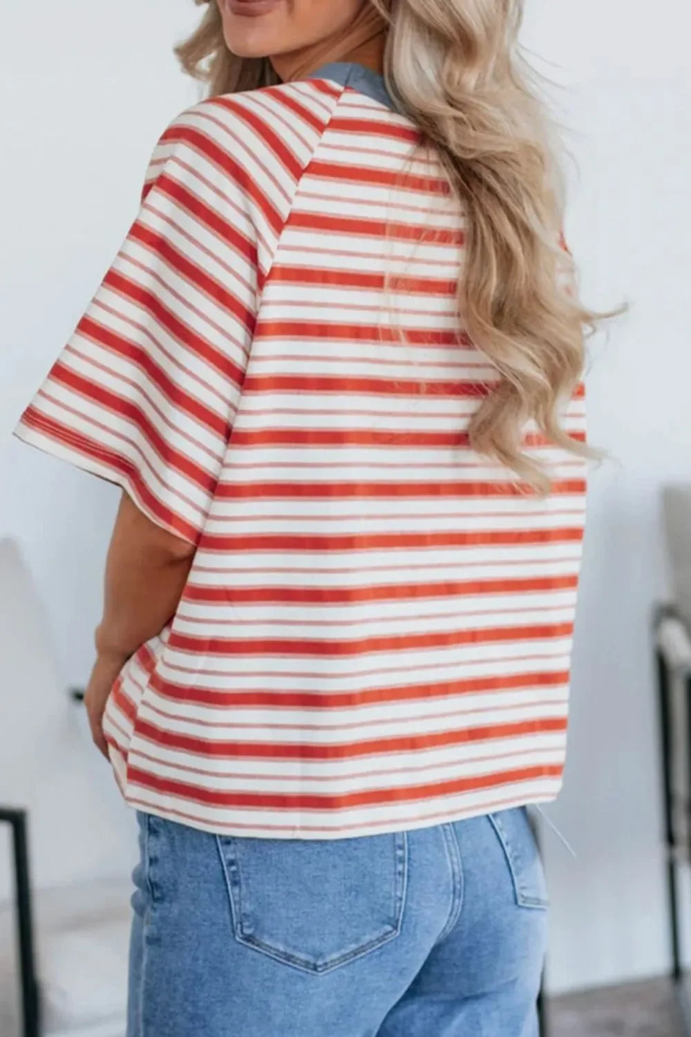 Stripe Print Contrast Collar Raglan Sleeve T Shirt - Southern Shores Clothing