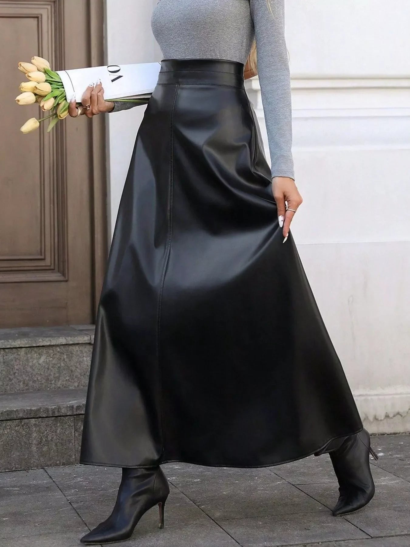 Textured Leather A-Line Silhouette Midi Skirt - Southern Shores Clothing