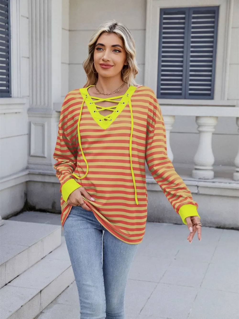 Lace-Up Striped Long Sleeve T-Shirt - Southern Shores Clothing