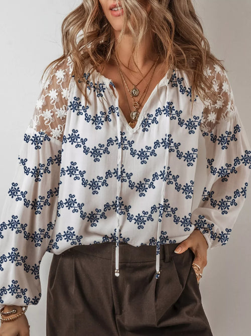 Printed Tie Neck Lace Long Sleeve Blouse Viscose - Southern Shores Clothing