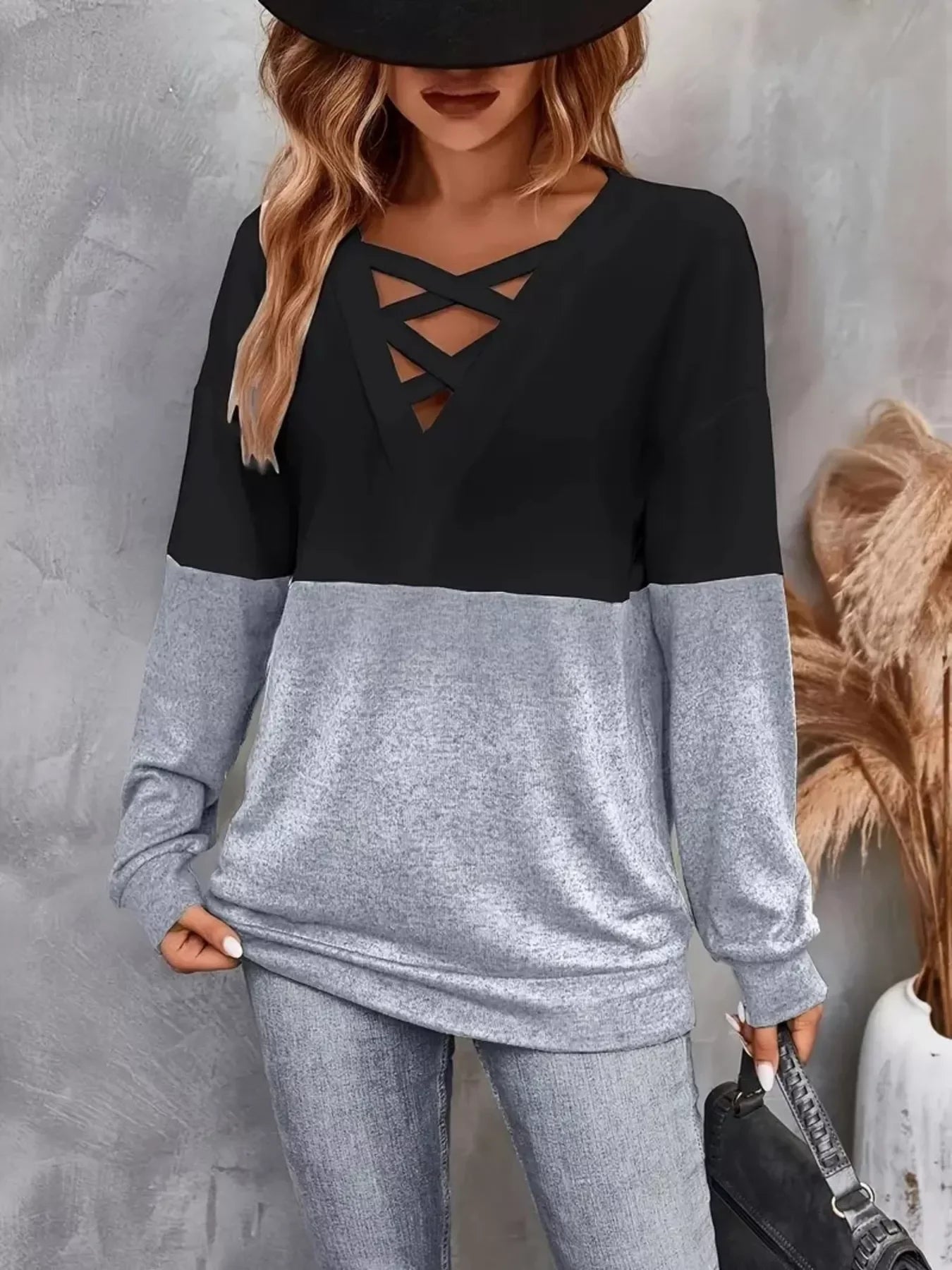 Crisscross V-Neck Block Long Sleeve Stretch T-Shirt - Southern Shores Clothing