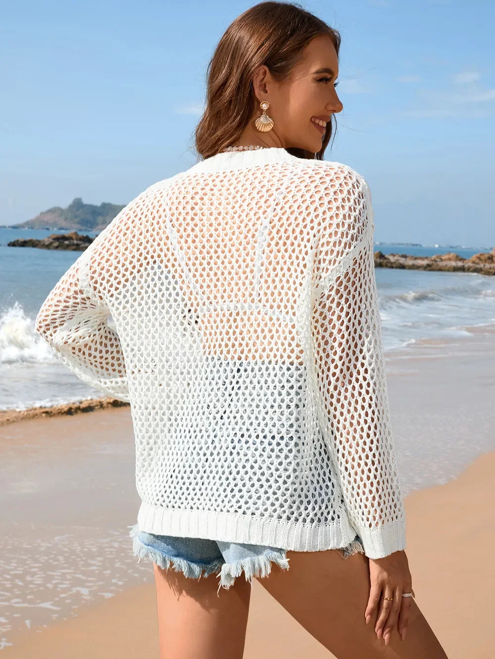 Heart Openwork Long Sleeve Acrylic Beach Cover Up - Southern Shores Clothing