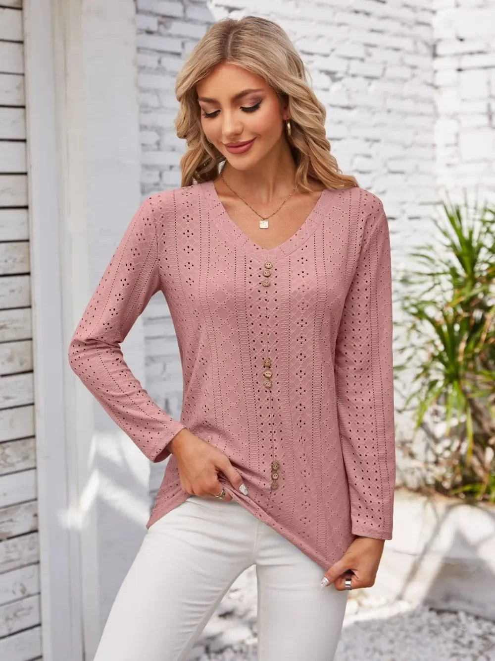 V Neck Openwork T Shirt With Decorative Buttons - Southern Shores Clothing