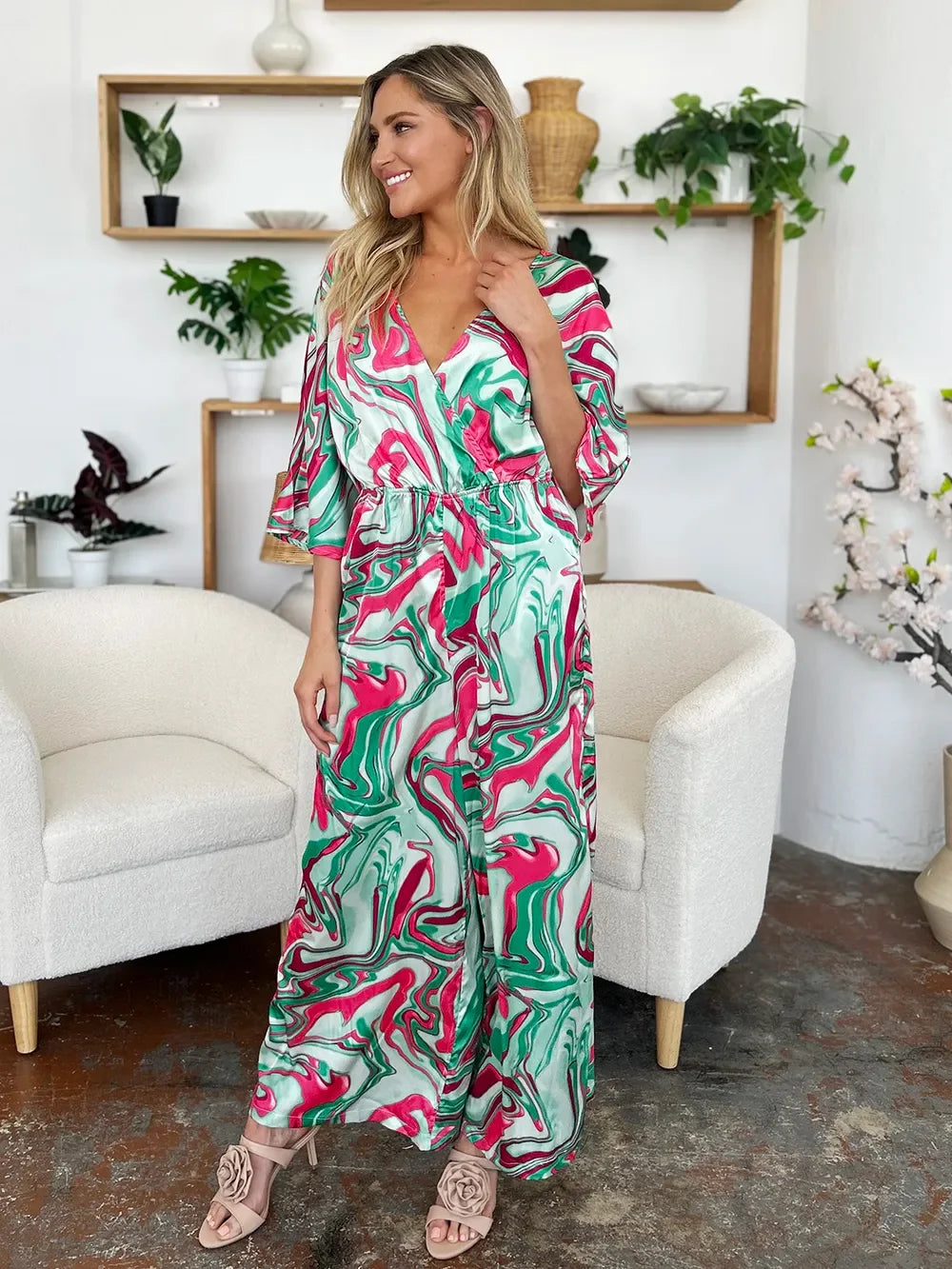 Tie Ruched Half Sleeve Wide Leg Jumpsuit - Southern Shores Clothing