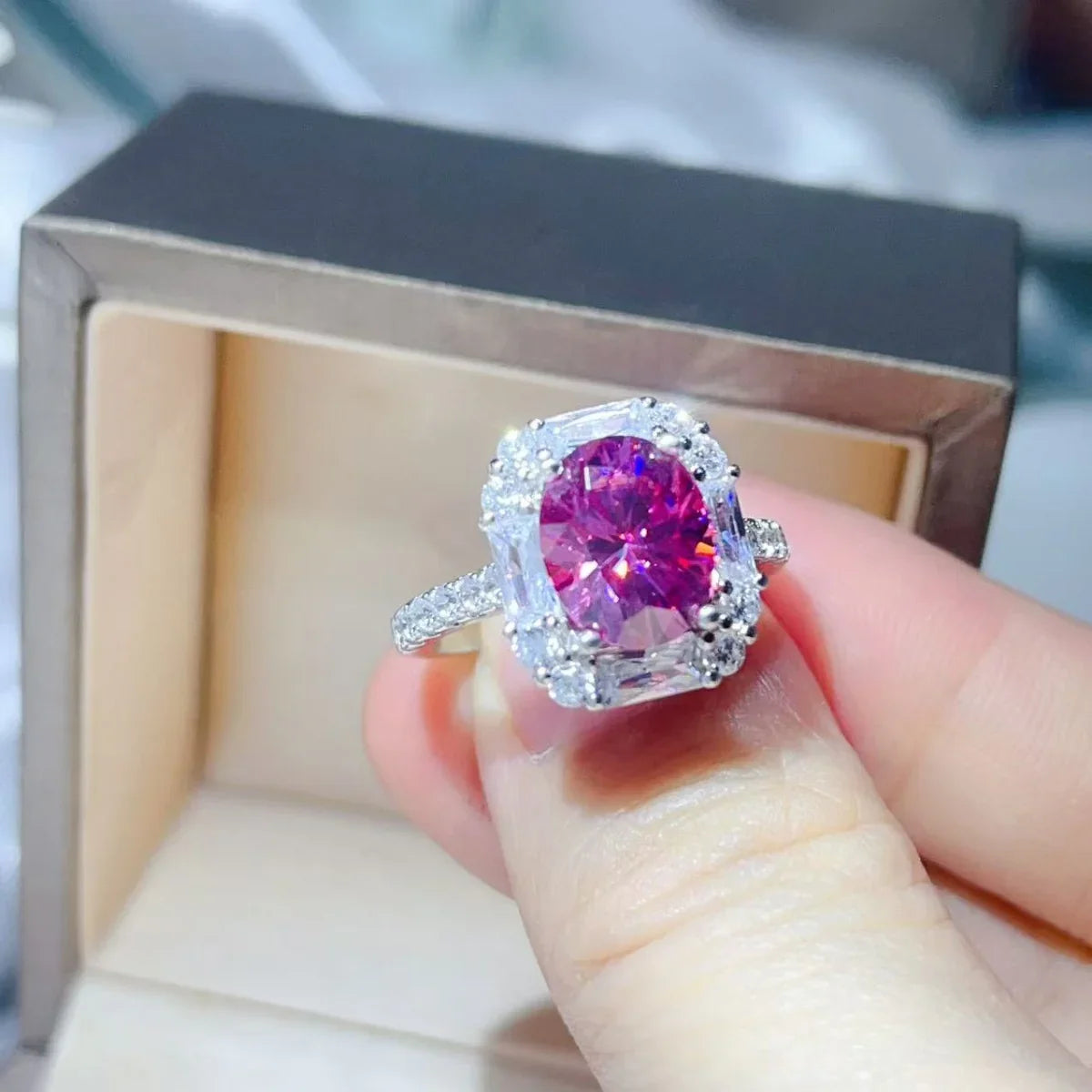 Three Carat Moissanite Ring In Sterling Silver With Halo Setting - Southern Shores Clothing