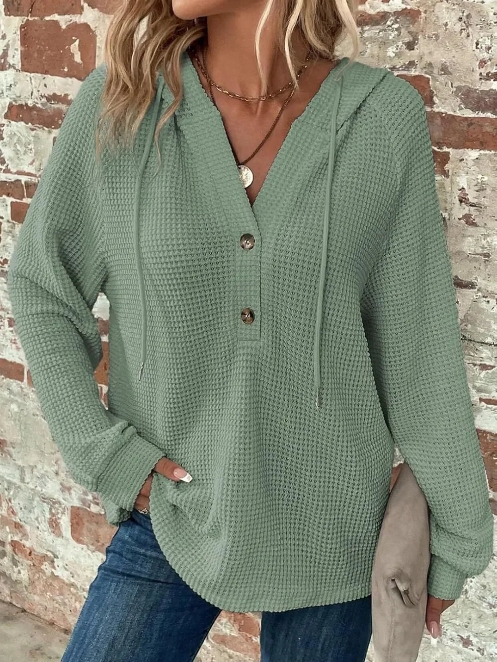 Waffle Knit Long Sleeve Drawstring Hooded Top - Southern Shores Clothing