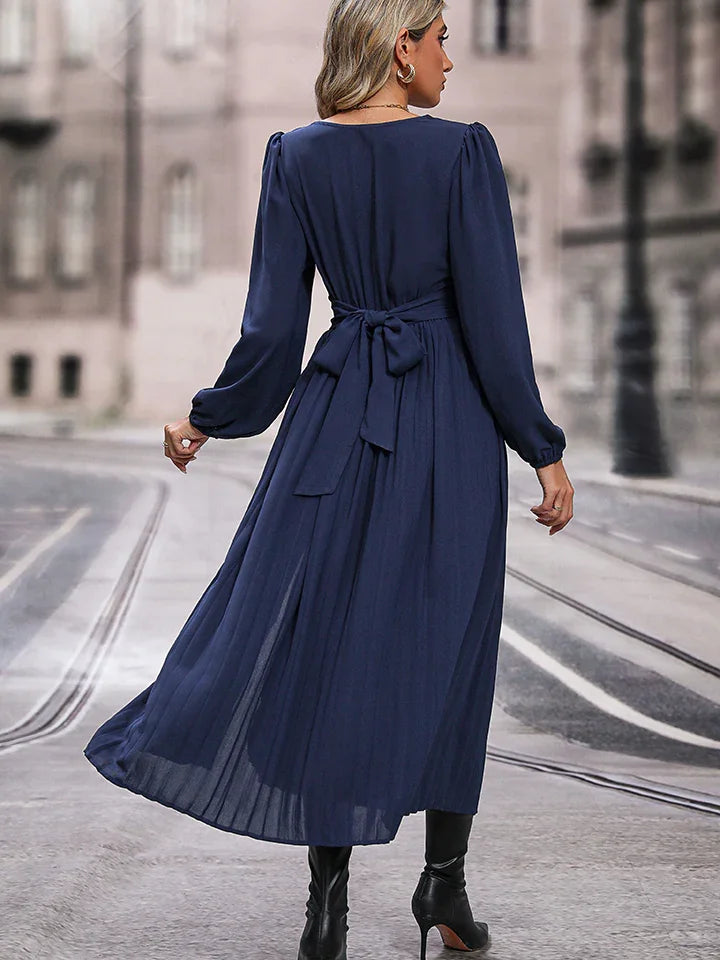 Perfee V-Neck Long Sleeve Pleated Slit Dress - Southern Shores Clothing