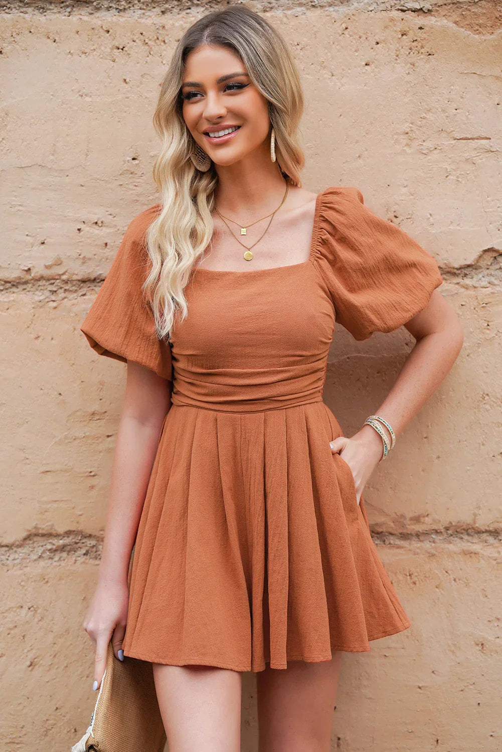 Square Neck Pleated Cotton Romper With Pockets - Southern Shores Clothing