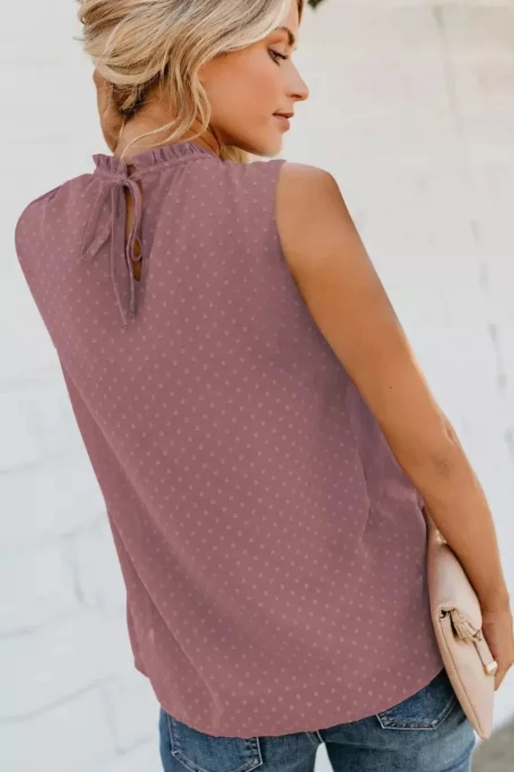 Smocked Tie Back Frill Trim Tank Top With Swiss Dot - Southern Shores Clothing