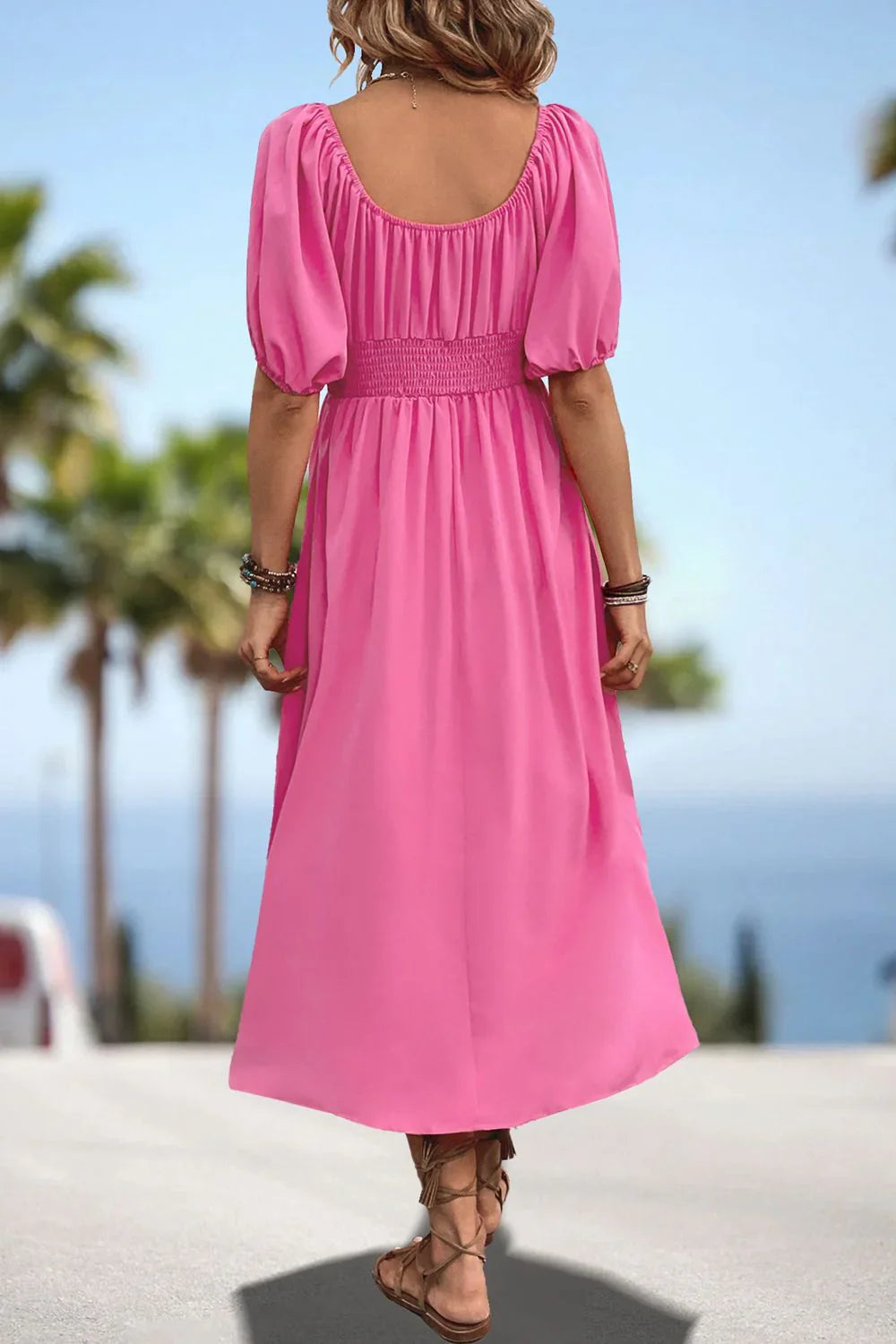 Square Neck Smocked Waist Puff Sleeve Midi Dress - Southern Shores Clothing