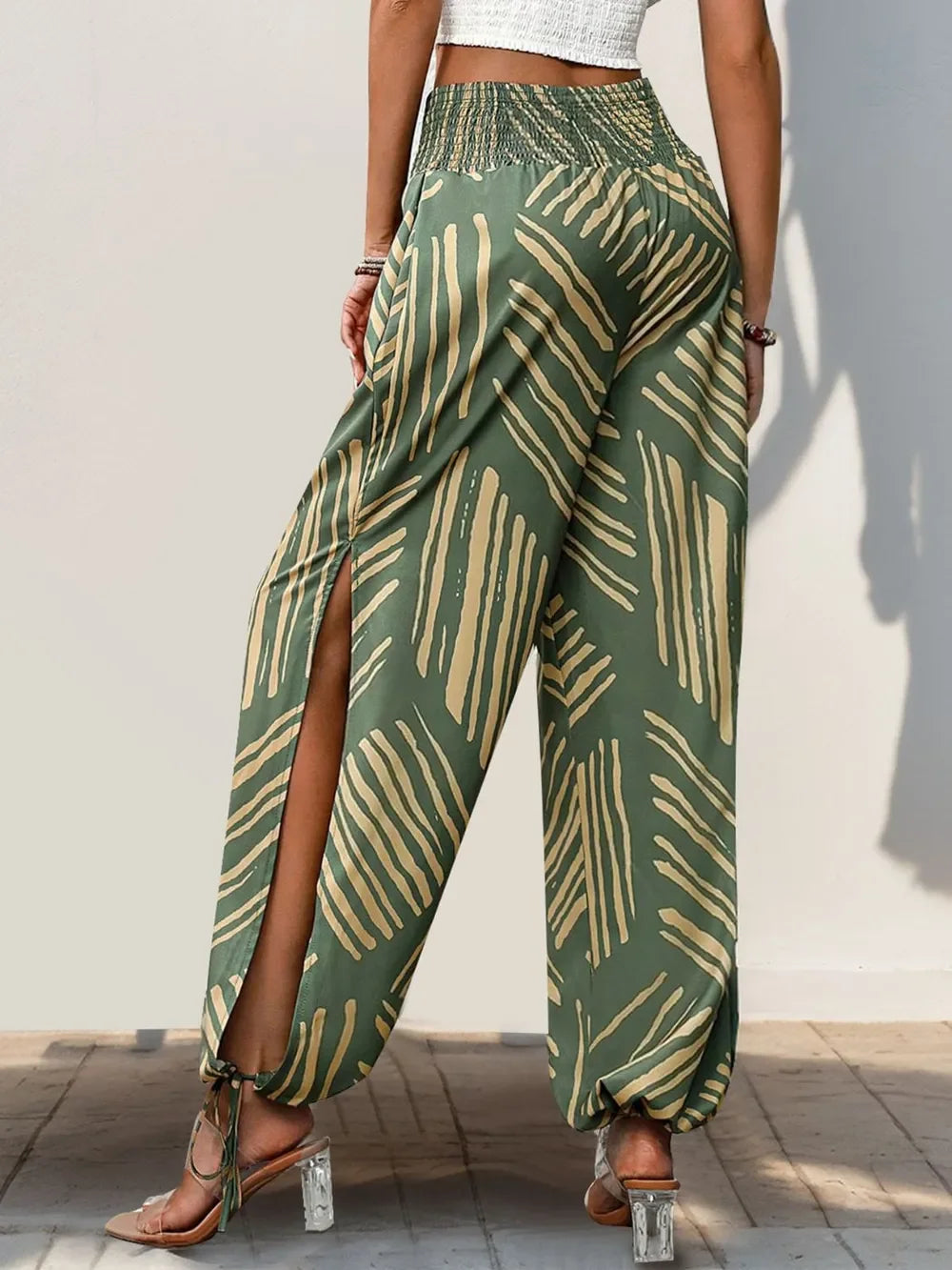Smocked Slit Printed High Waist Wide Leg Boho Pants Relaxed - Southern Shores Clothing