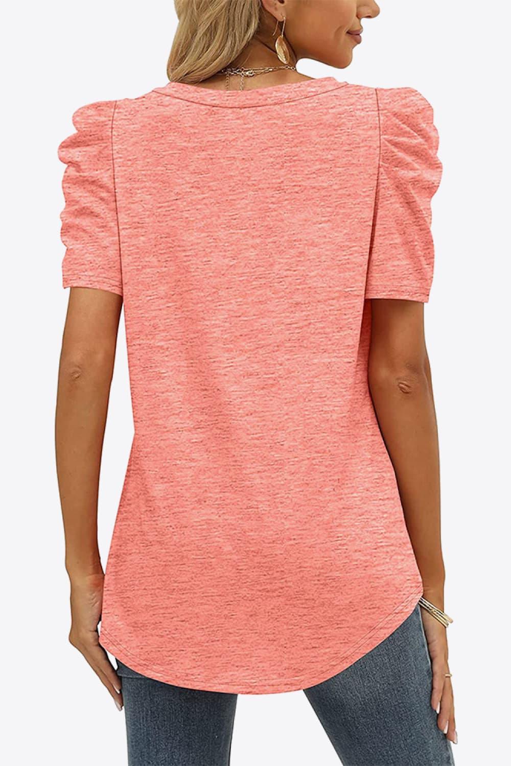 V-Neck Puff Sleeve Tee With Stretchy Fabric - Southern Shores Clothing