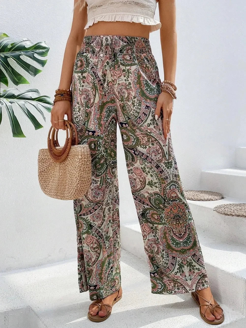 Printed Wide Leg Pants With Paisley Print Drawstring Waist - Southern Shores Clothing