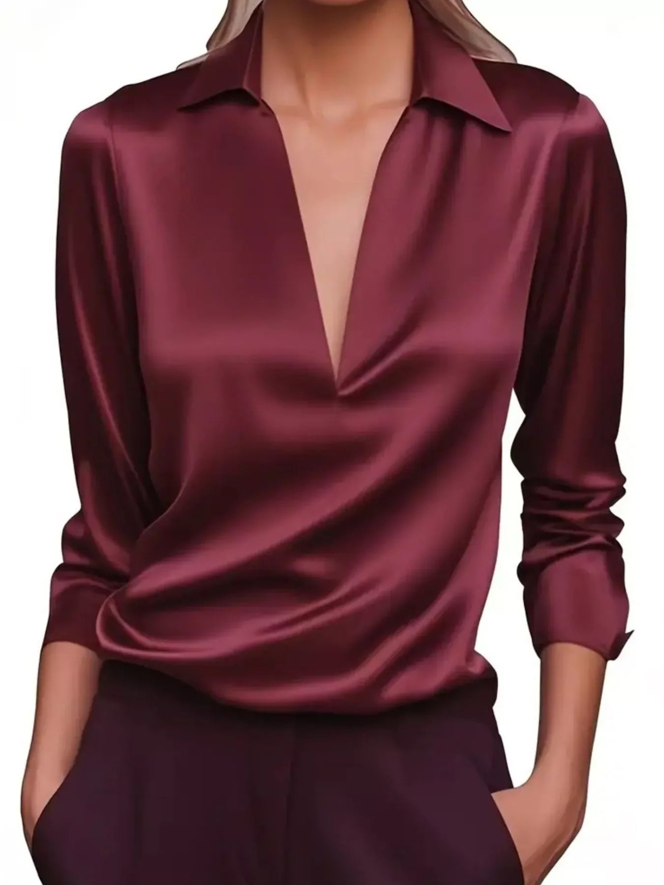 Satin Johnny Collar Long Sleeve Blouse Relaxed Fit - Southern Shores Clothing