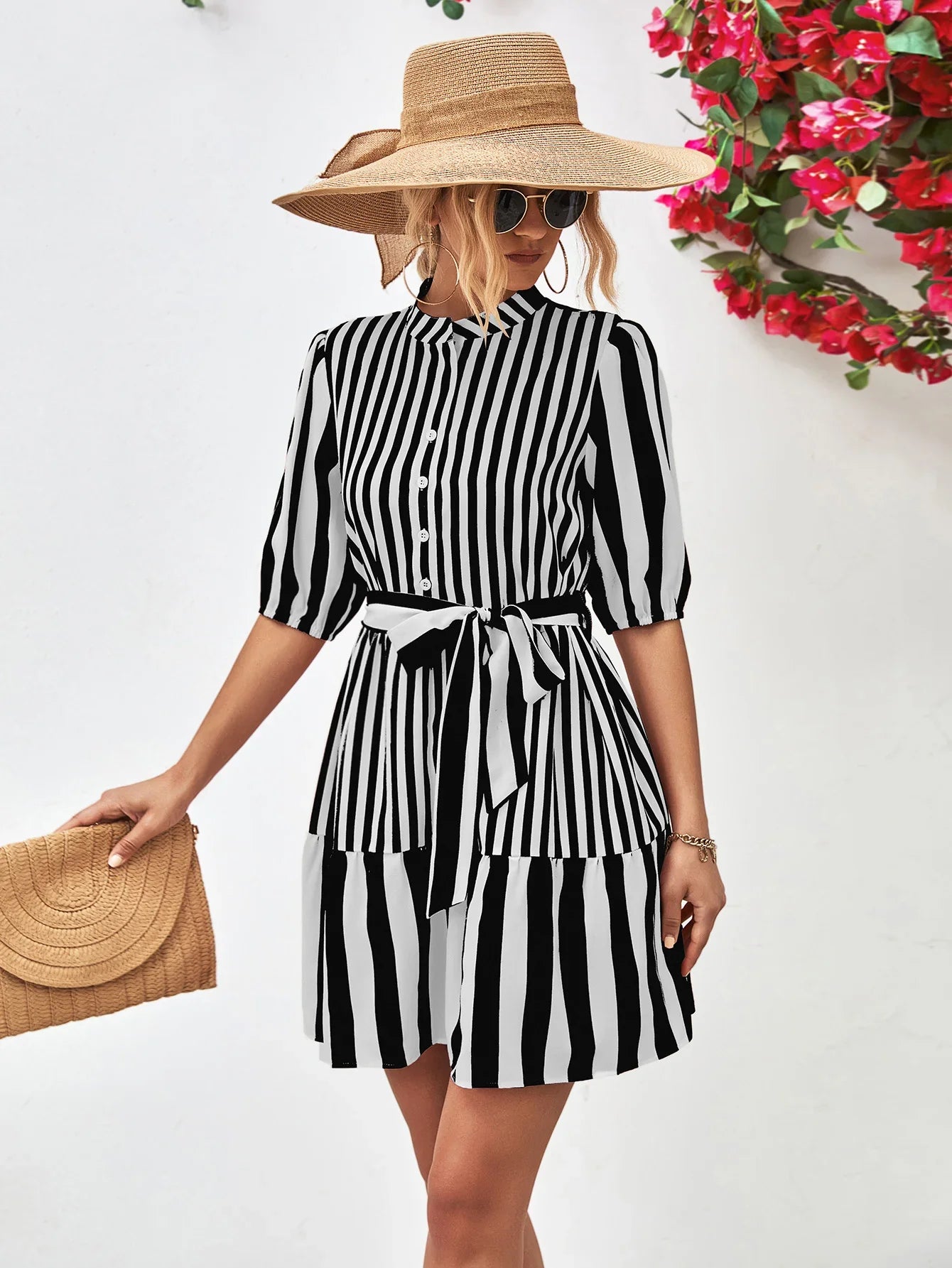 Striped Half Sleeve Tie Waist Mini Dress - Southern Shores Clothing